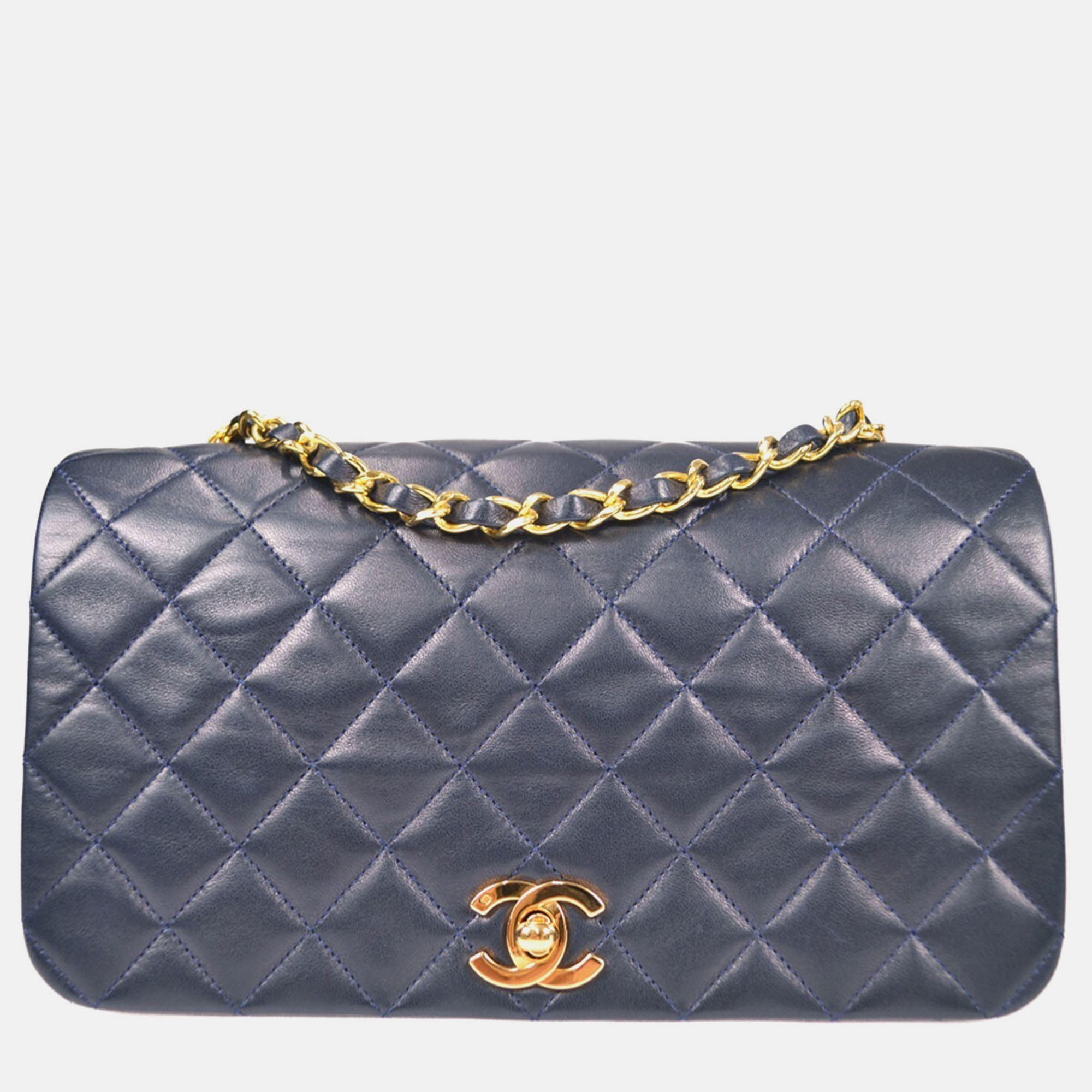 

Chanel Navy Lambskin Full Flap Chain Shoulder Bag, Navy blue