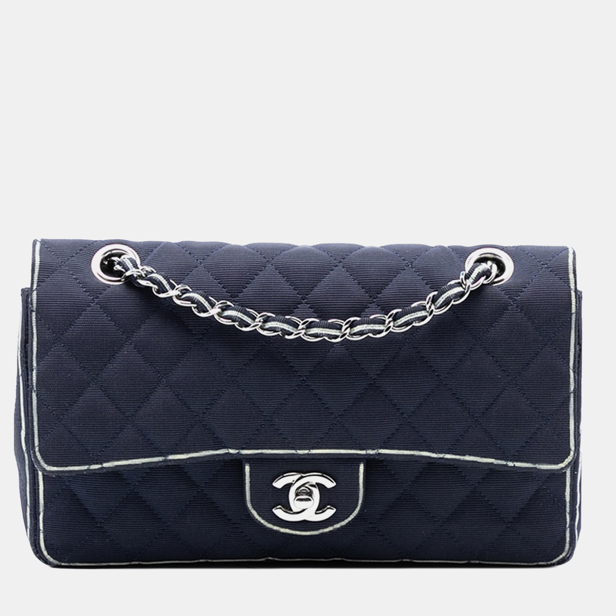 

Chanel Blue White Medium Classic Printed Grosgrain Double Flap