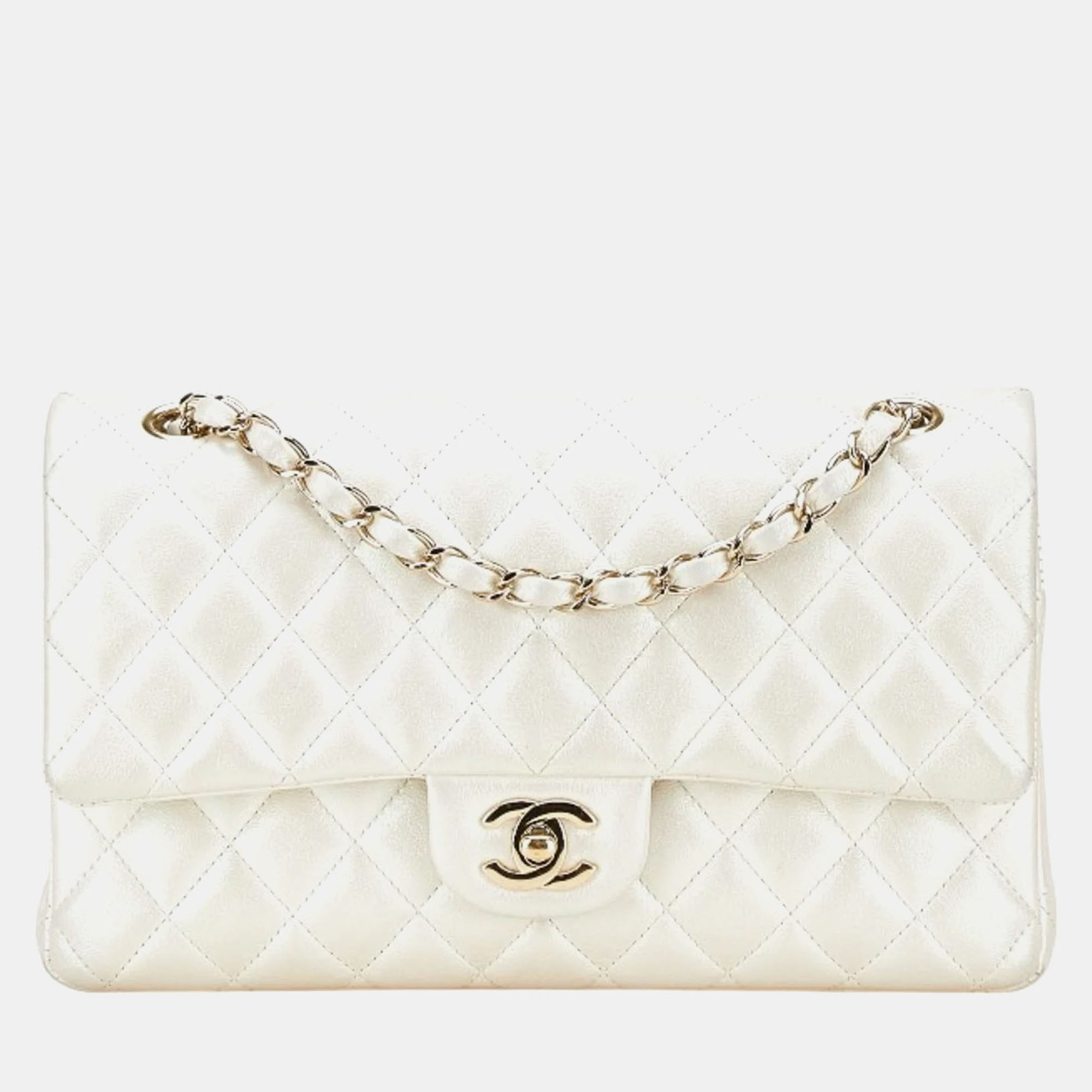 

Chanel Matelasse 25 Coco Mark Double Flap Chain Shoulder Bag Handbag White Lambskin