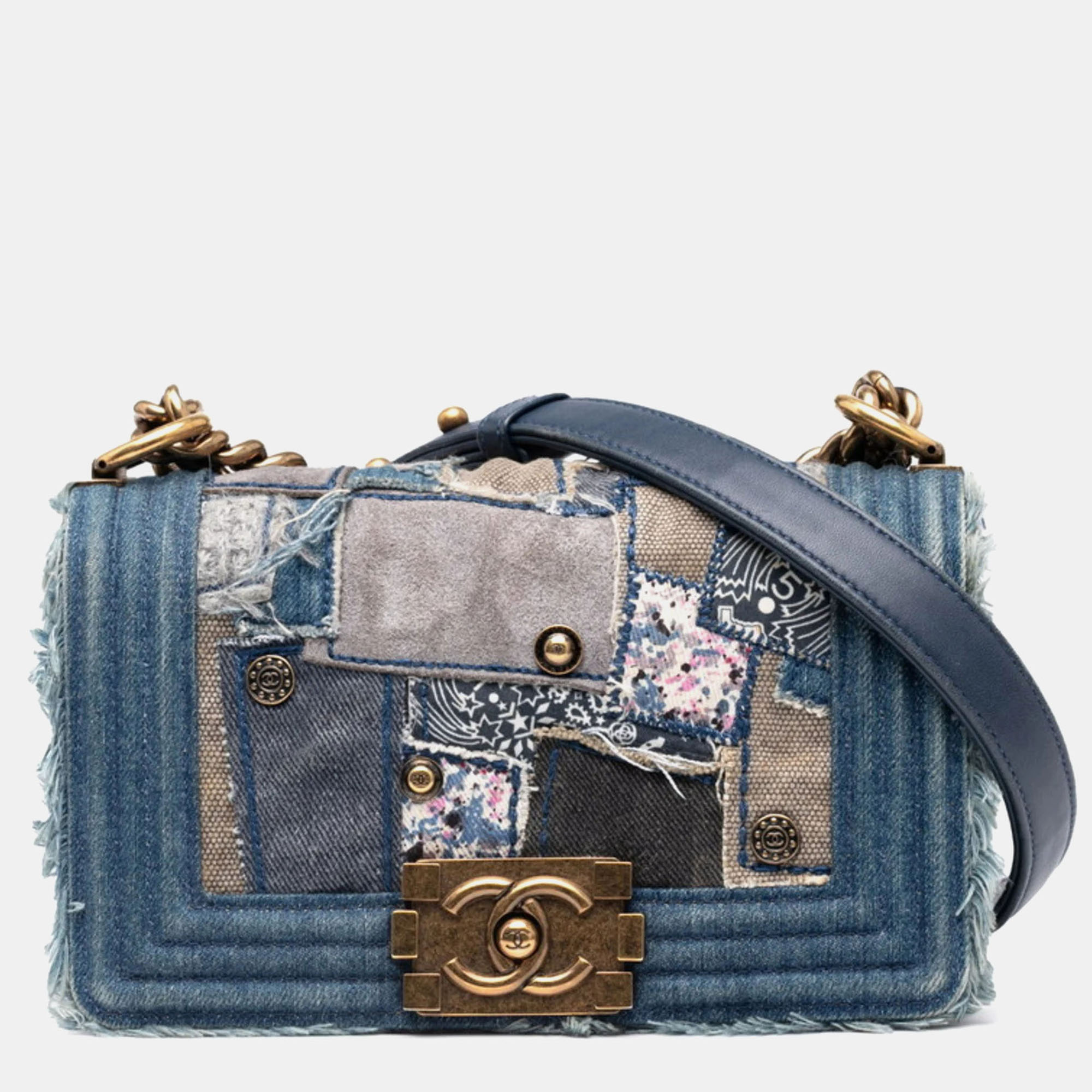 

Chanel Boy Chanel Patchwork Chain Shoulder Bag Blue Gold Denim