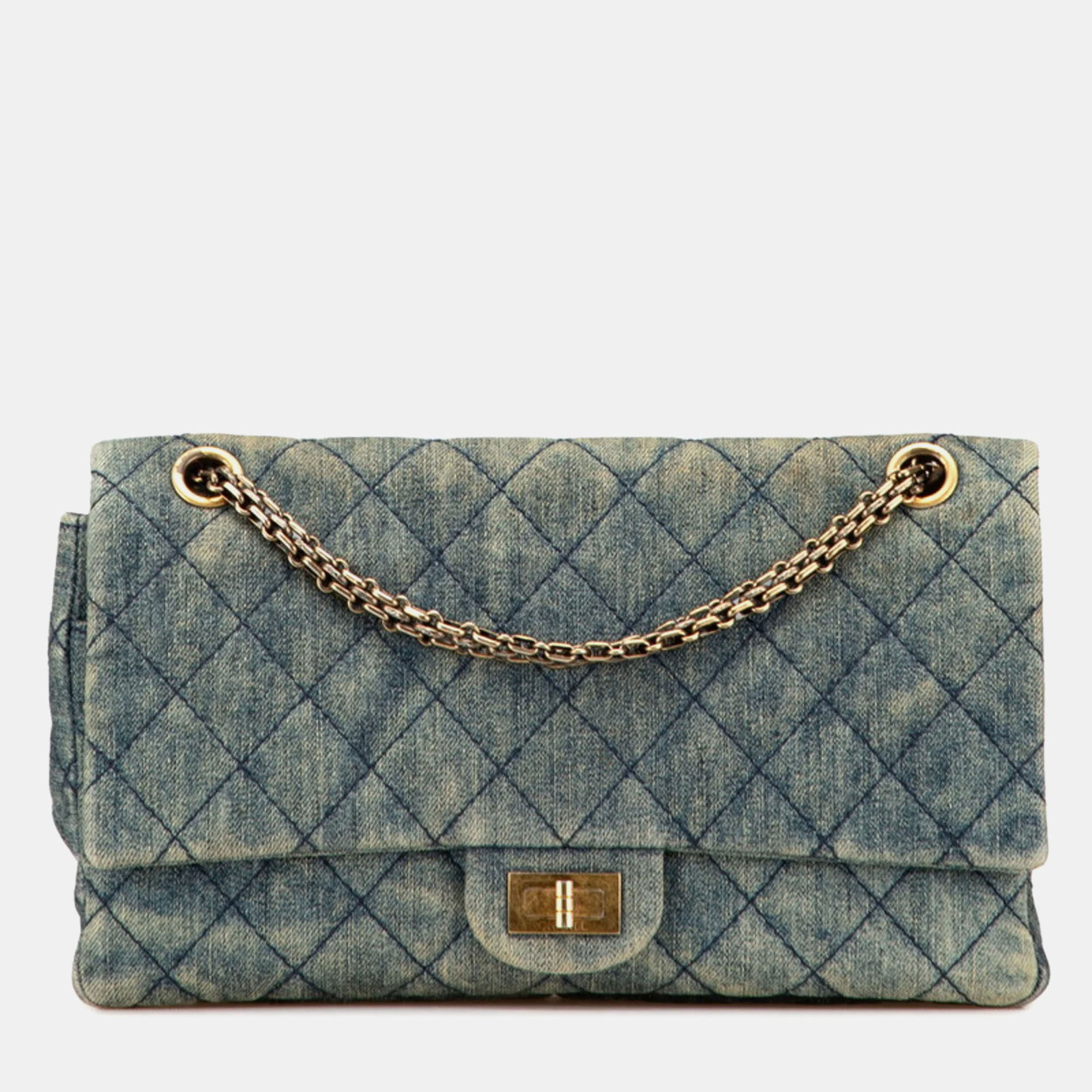 

Chanel 2.55 Matelasse 28 Double Flap Chain Shoulder Bag In Light Blue Denim