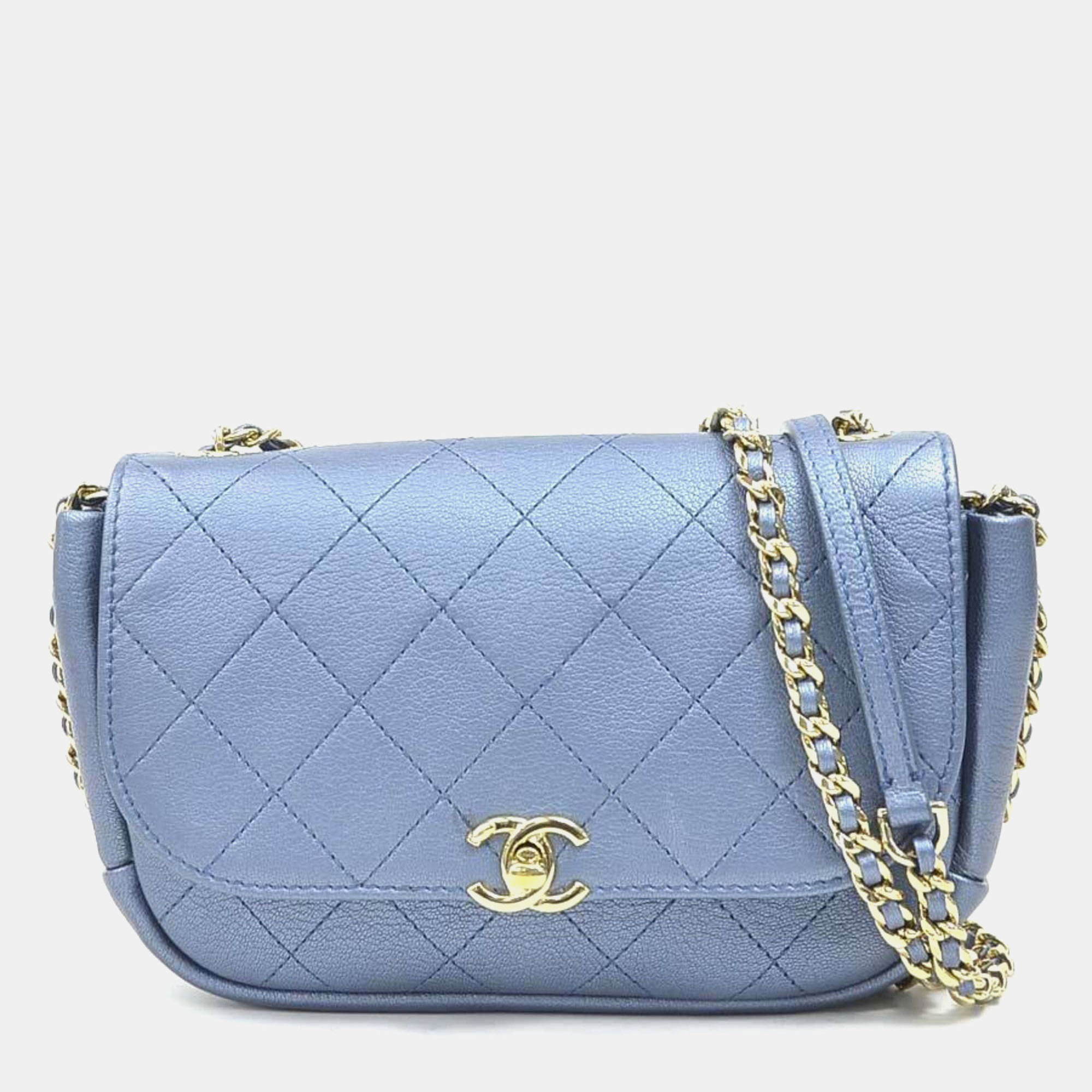 

Chanel Shoulder Bag Leather Metallic Blue And Gold
