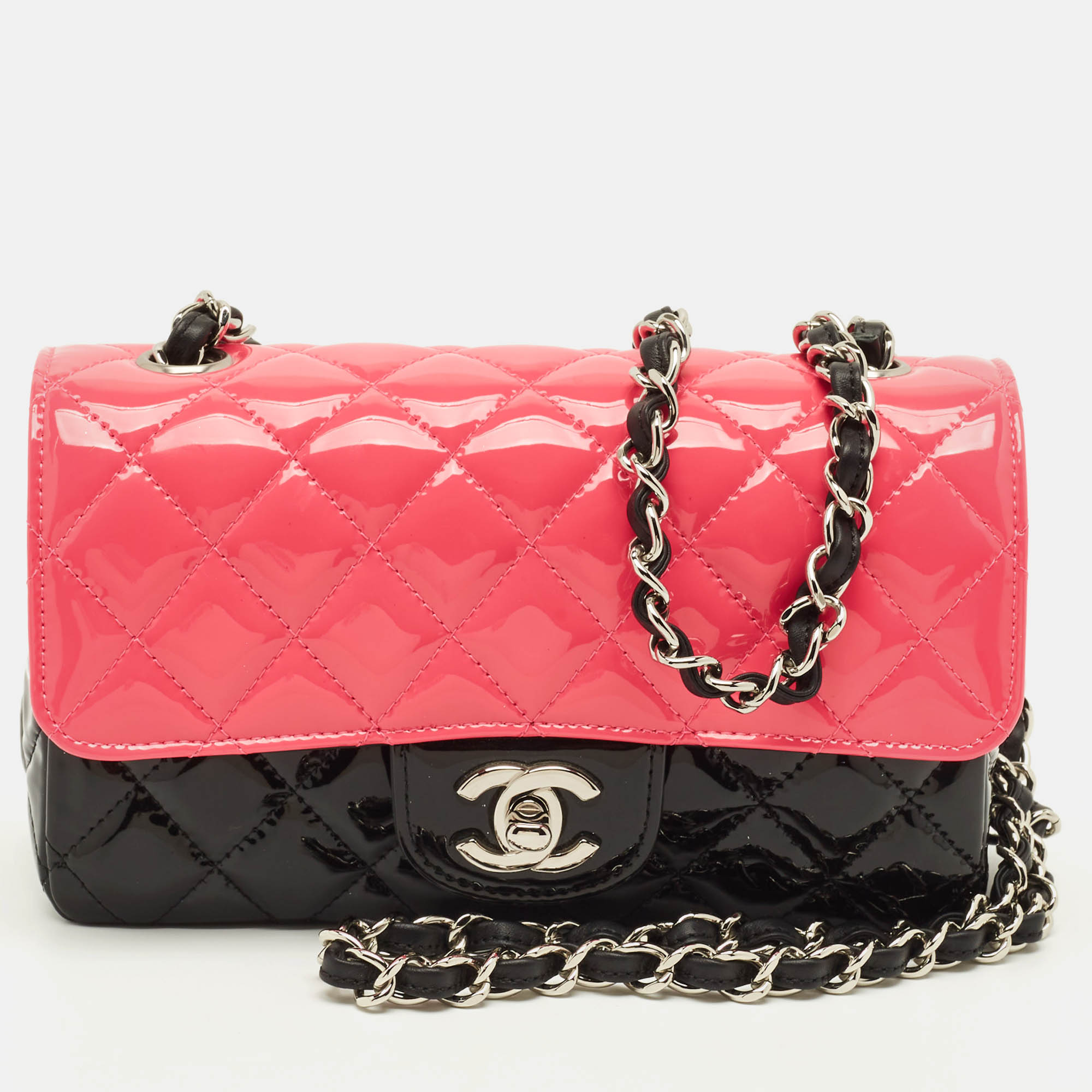

Chanel Classic Single Flap Mini Black/Pink Quilted Patent Leather Bag