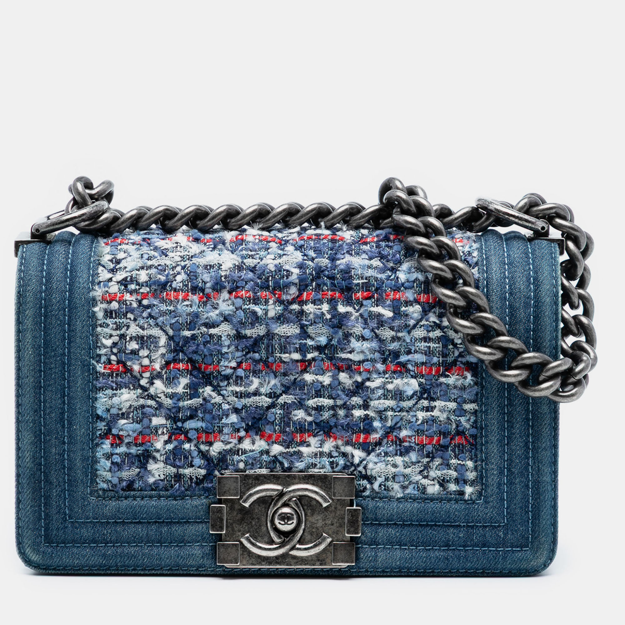 

Chanel Blue Small Quilted Denim and Tweed Boy Flap