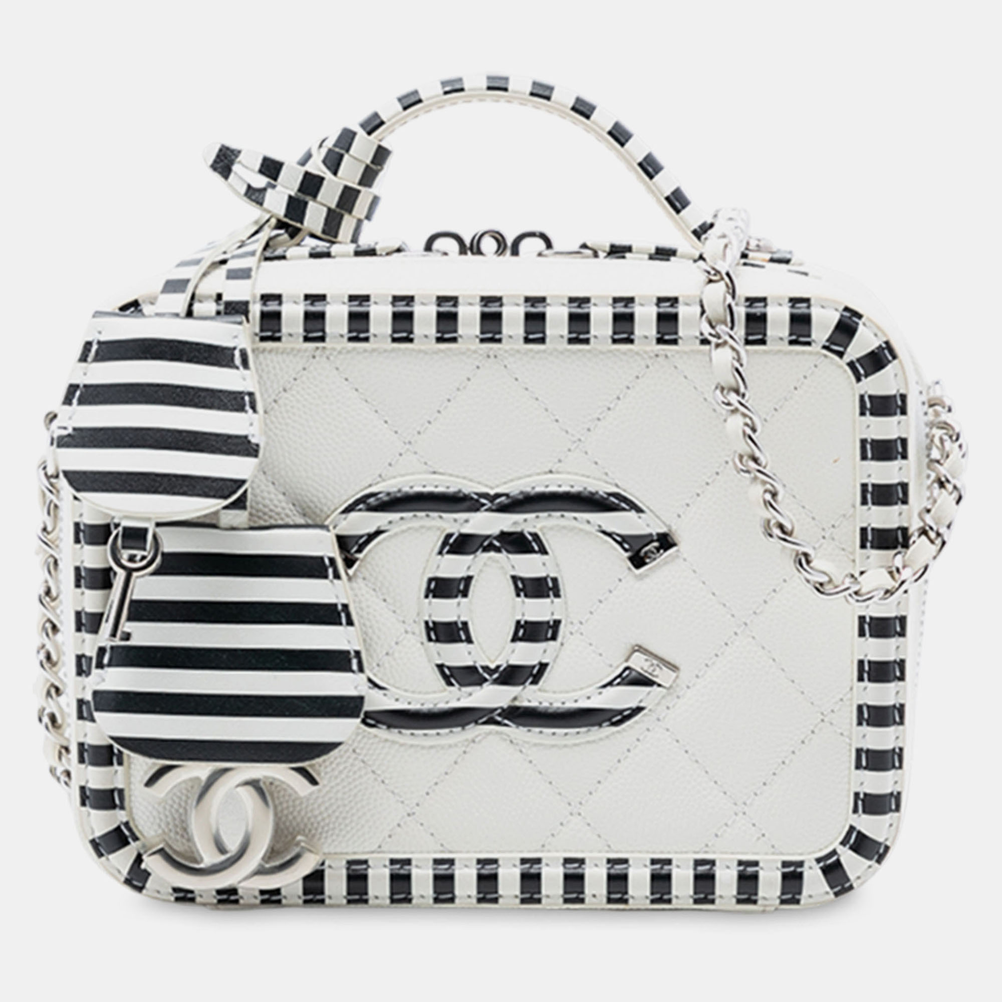 

Chanel White Small Caviar Striped CC Filigree Vanity Case