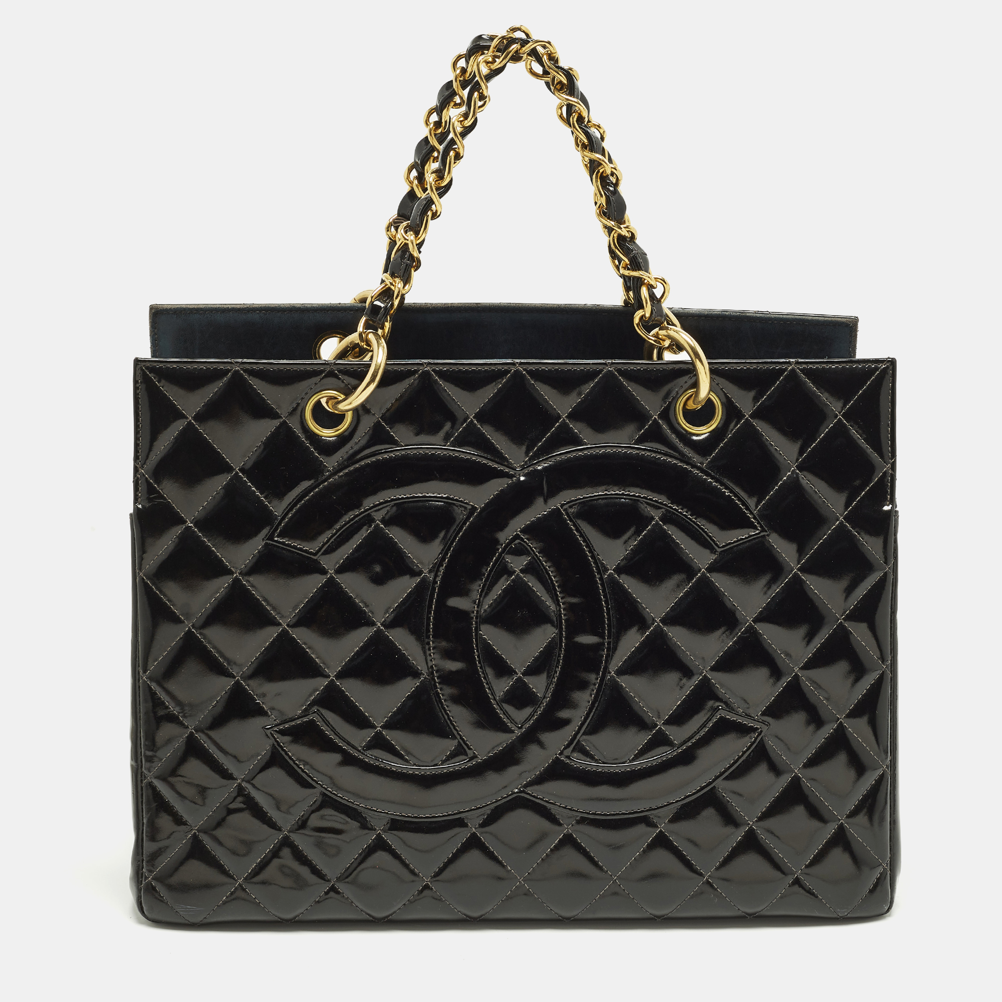 

Chanel Black Quilted Patent Leather Chain Tote
