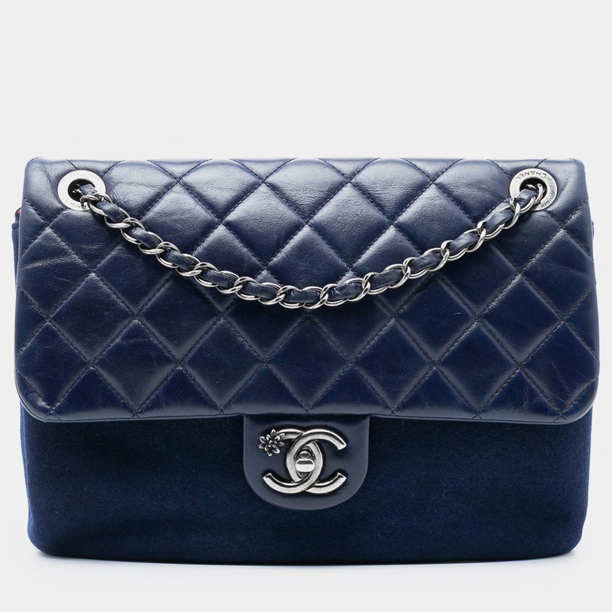

Chanel Blue Paris Salzburg Quilted Glazed Calfskin and Felt Edelweiss Flower CC Flap