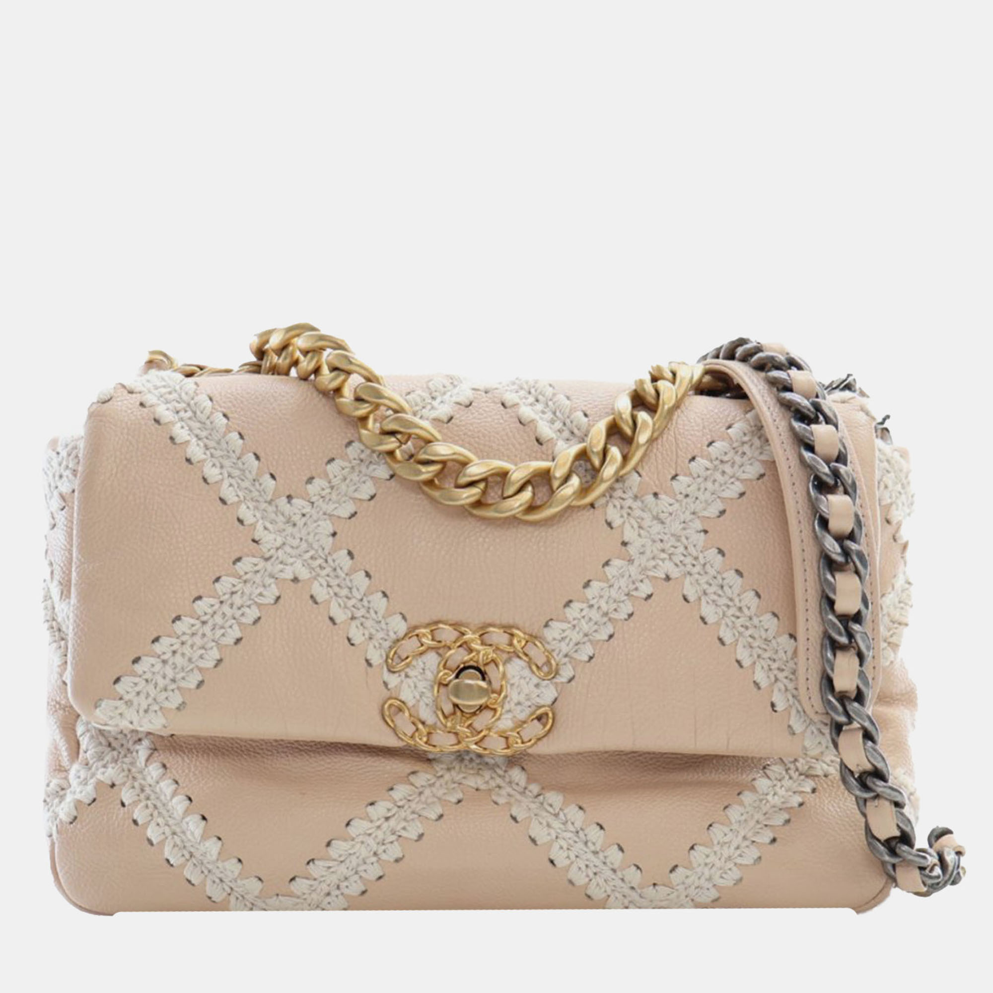 

Chanel Brown White Medium Crochet Calfskin 19 Flap