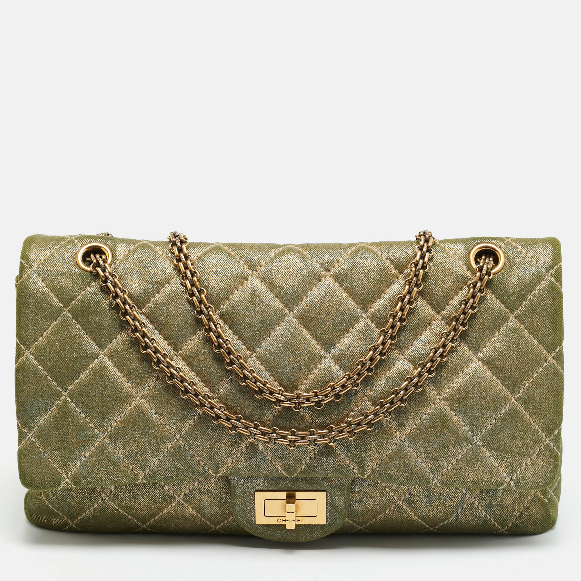 

Chanel Reissue 2.55 227 Green/Gold Shimmering Quilted Denim Flap Bag