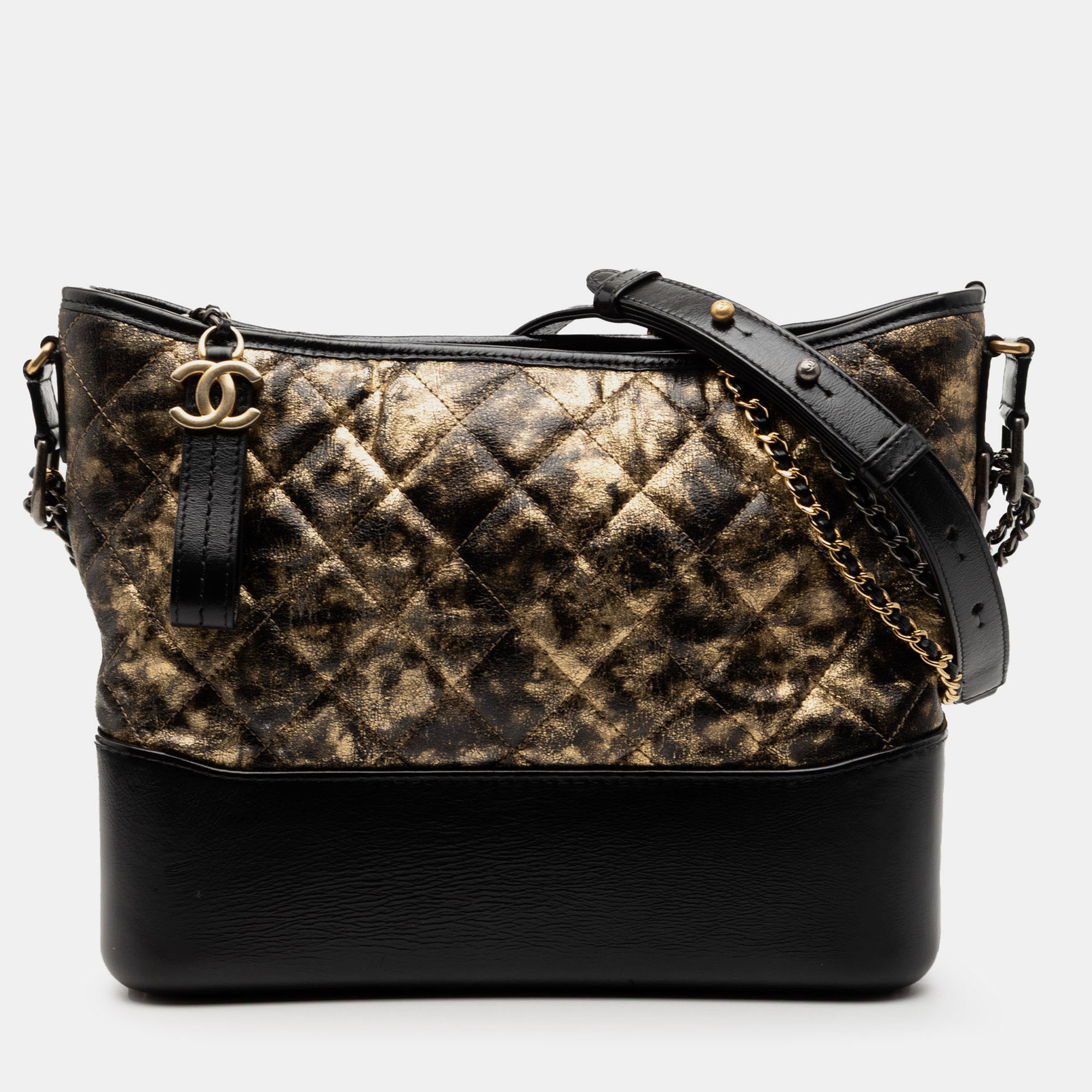 

Chanel Black Gold Medium Quilted Metallic Crumpled Goatskin Gabrielle Hobo