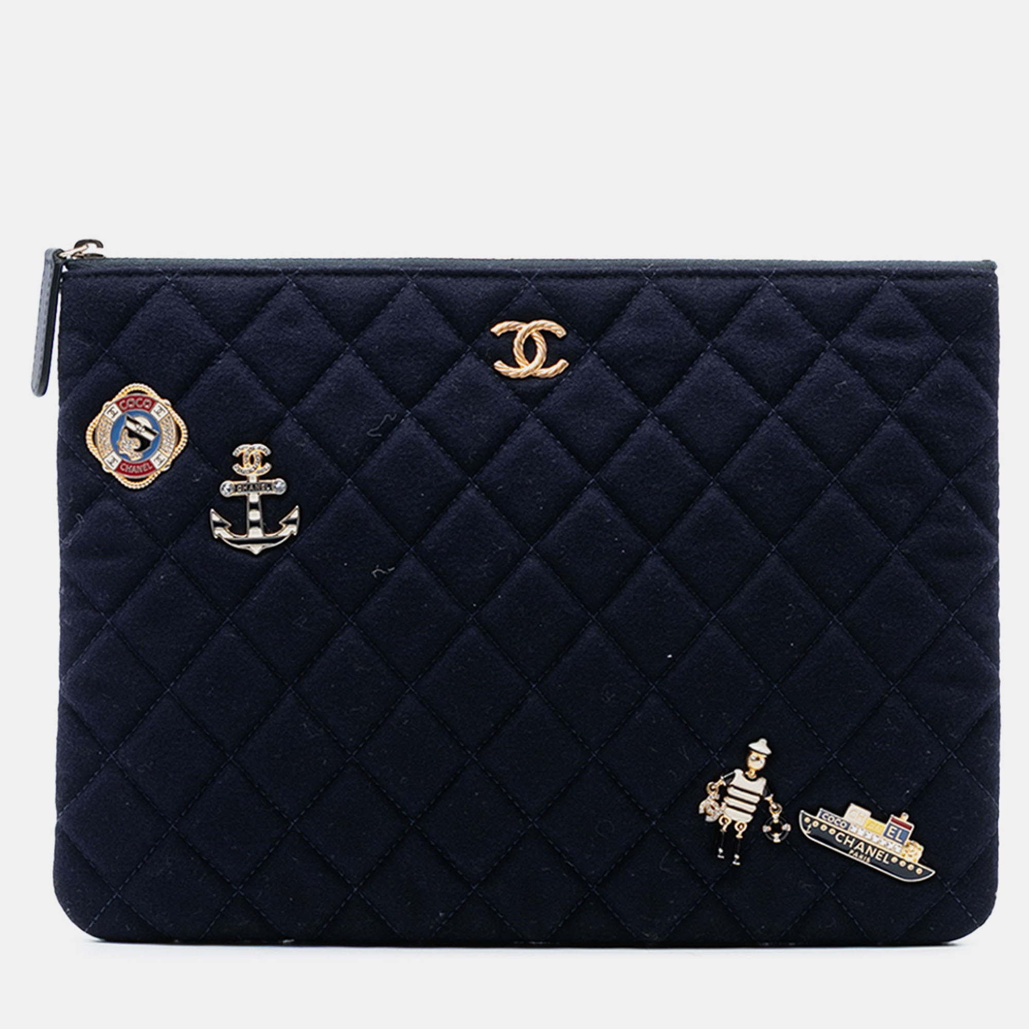 

Chanel Blue Paris Hamburg Medium Quilted Wool Coco Sailor Charms O Case Clutch