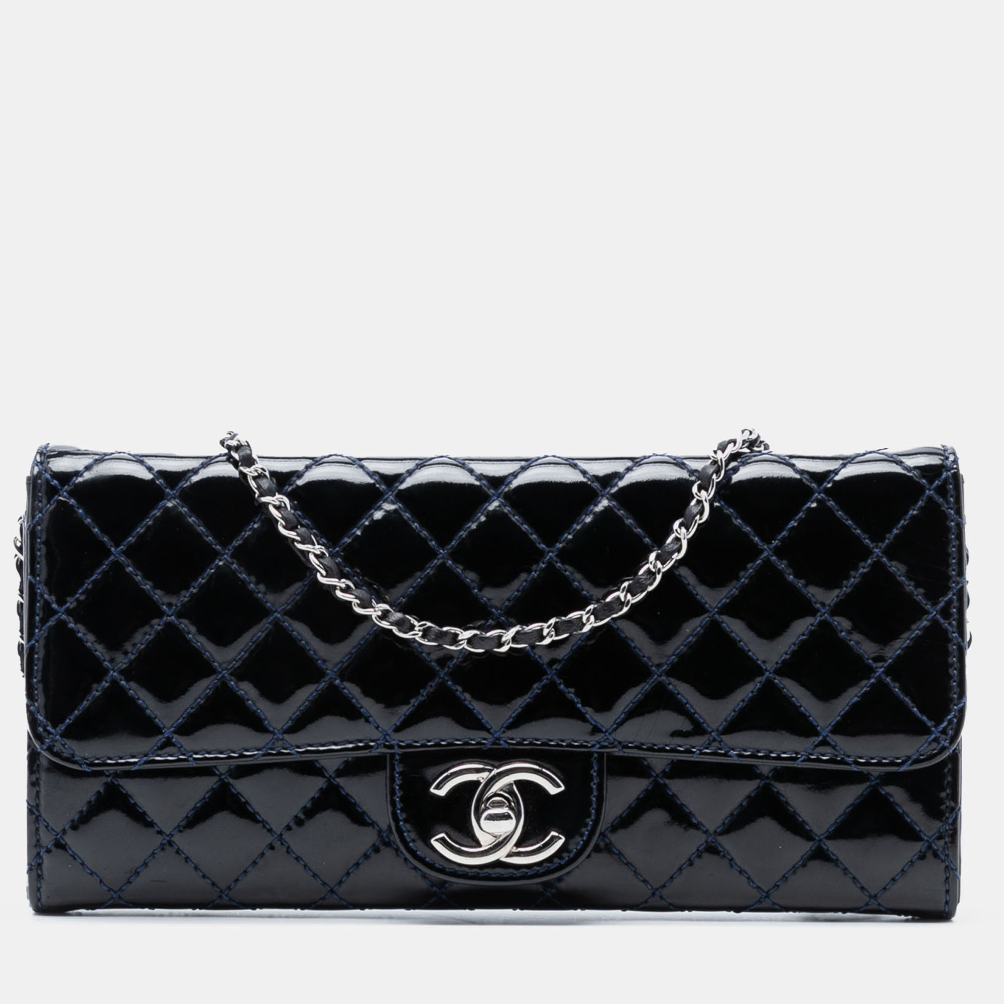 

Chanel Blue CC Quilted Patent East West Wallet On Chain