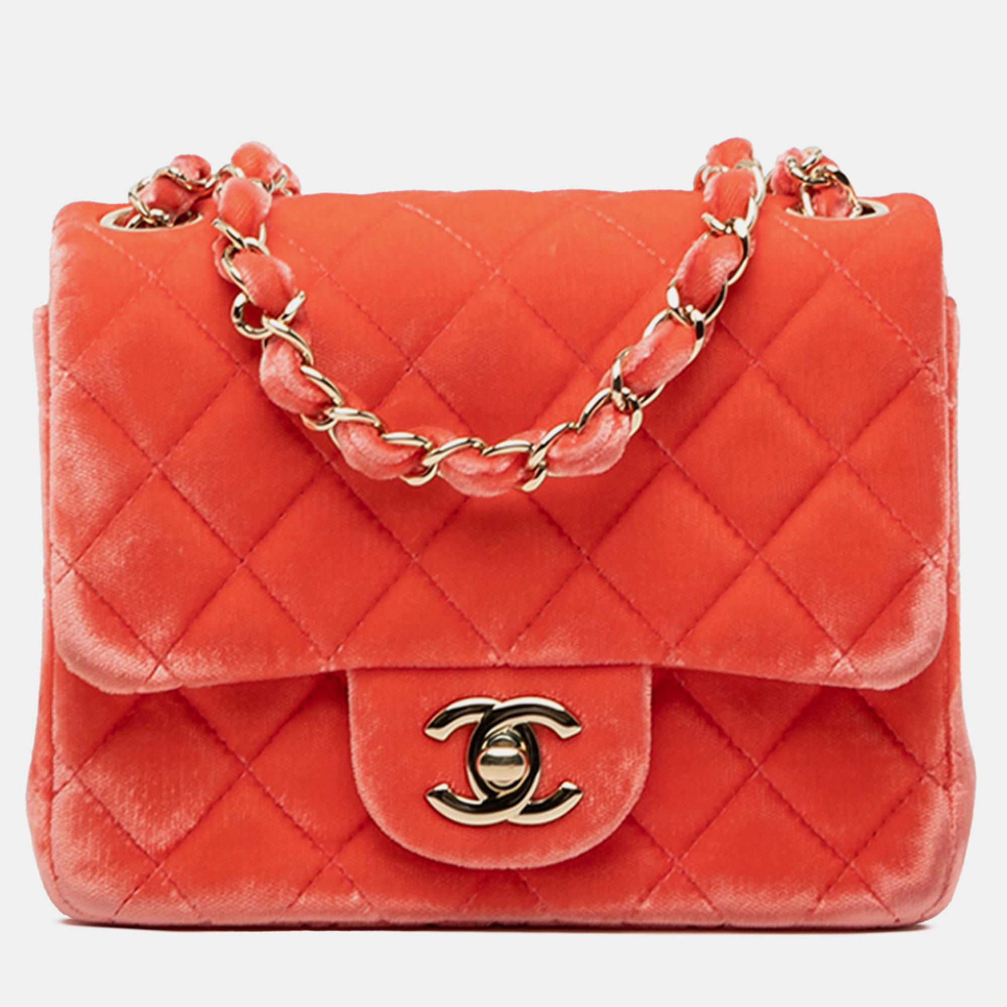 

Chanel Orange Mini Square Classic Velvet Single Flap