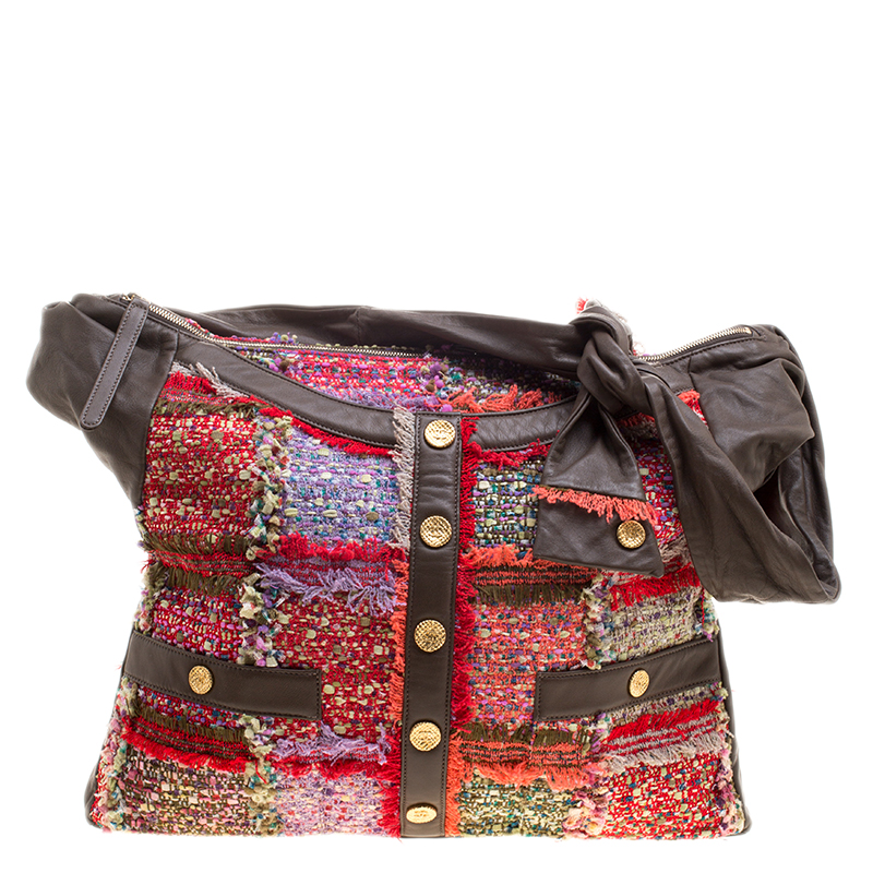 مملوكة مسبقًا حقيبة شانيل غيرل كبيرة جلد وشراشيب تويد متعددة الألوان/ كاكية