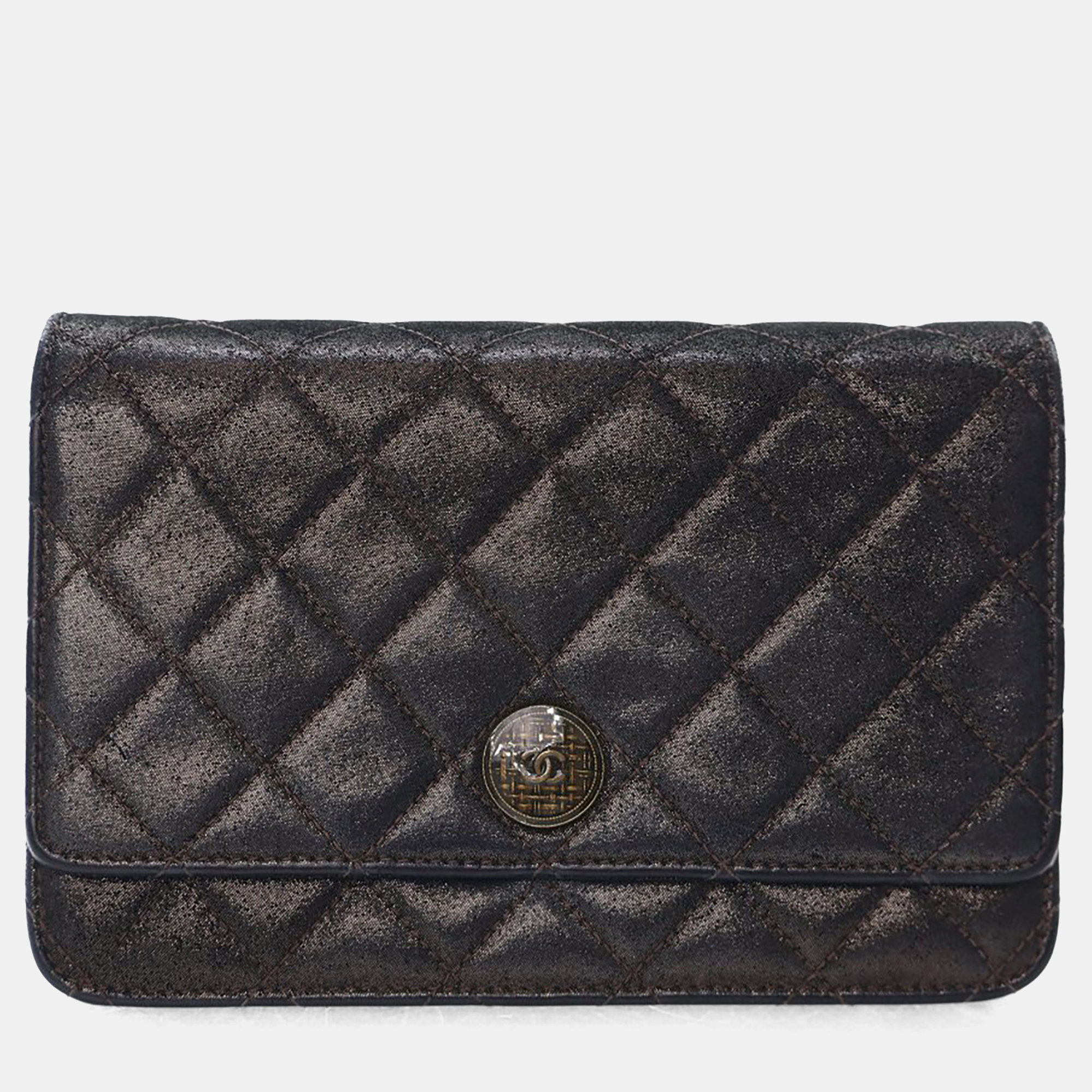 

Chanel Black Metallic Quilted Leather Tartan Button Wallet On Chain (WOC)