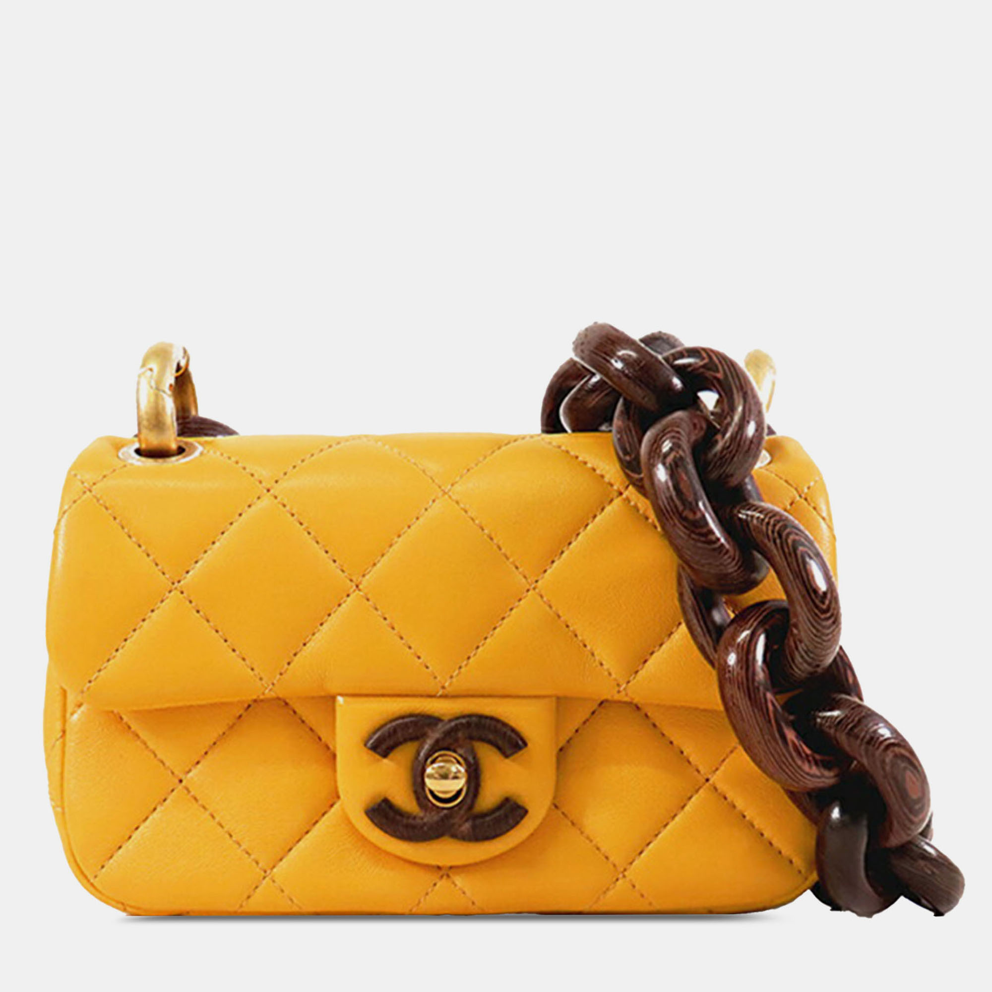 

Chanel Yellow Mini Square Lambskin Wenge Wood Flap
