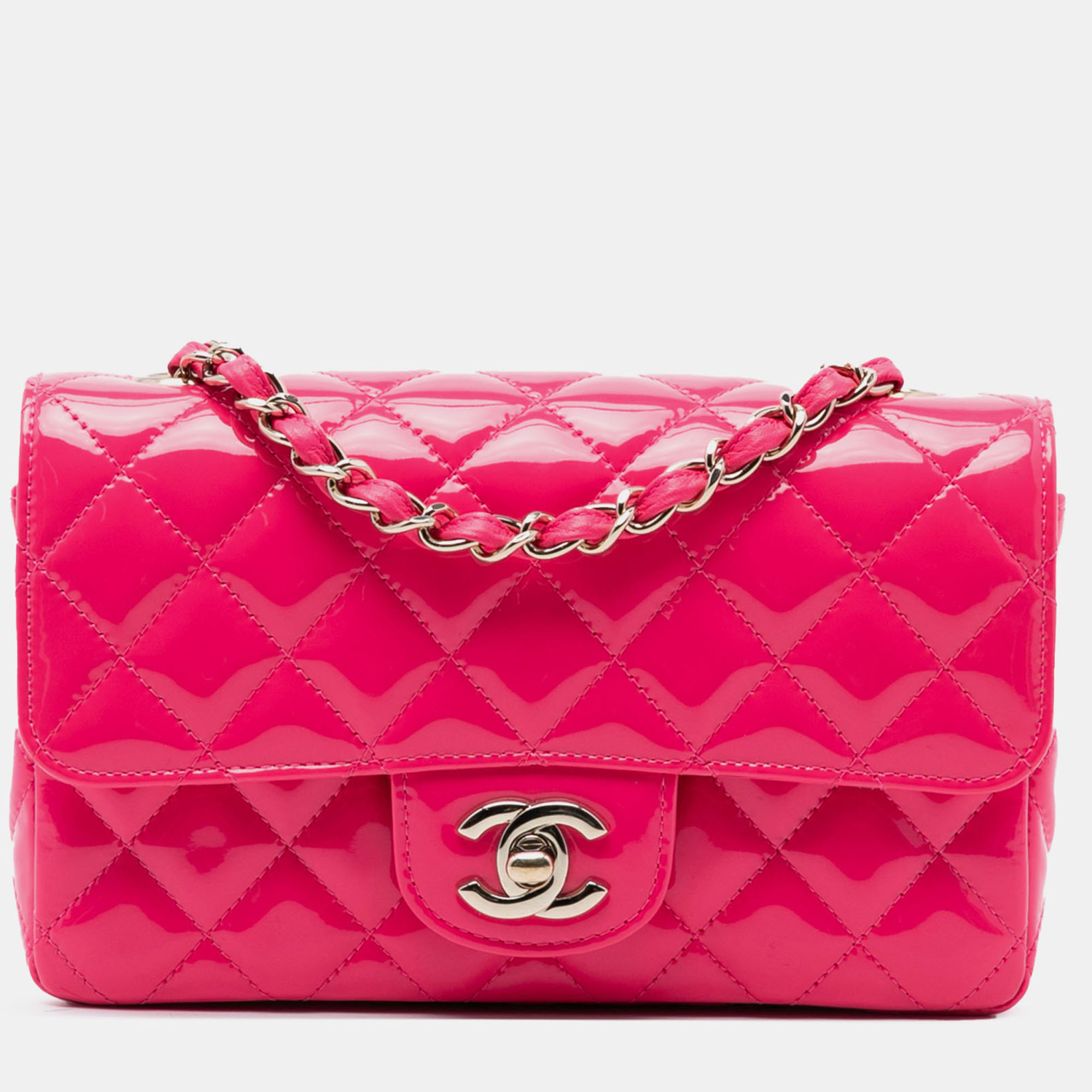 

Chanel Pink Mini Rectangular Classic Patent Single Flap