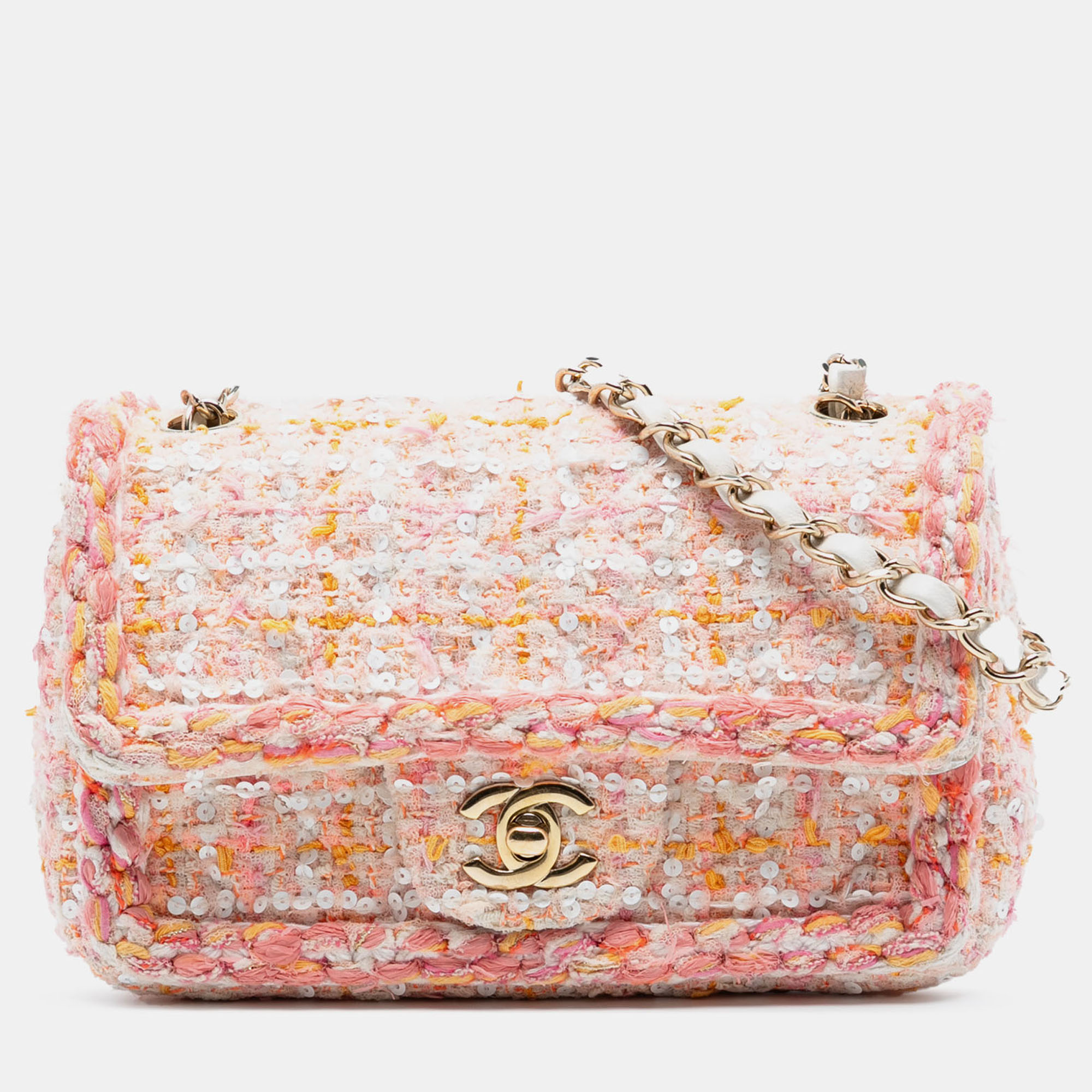 

Chanel Orange Pink Mini Rectangular Classic Tweed Sequin Braided Single Flap