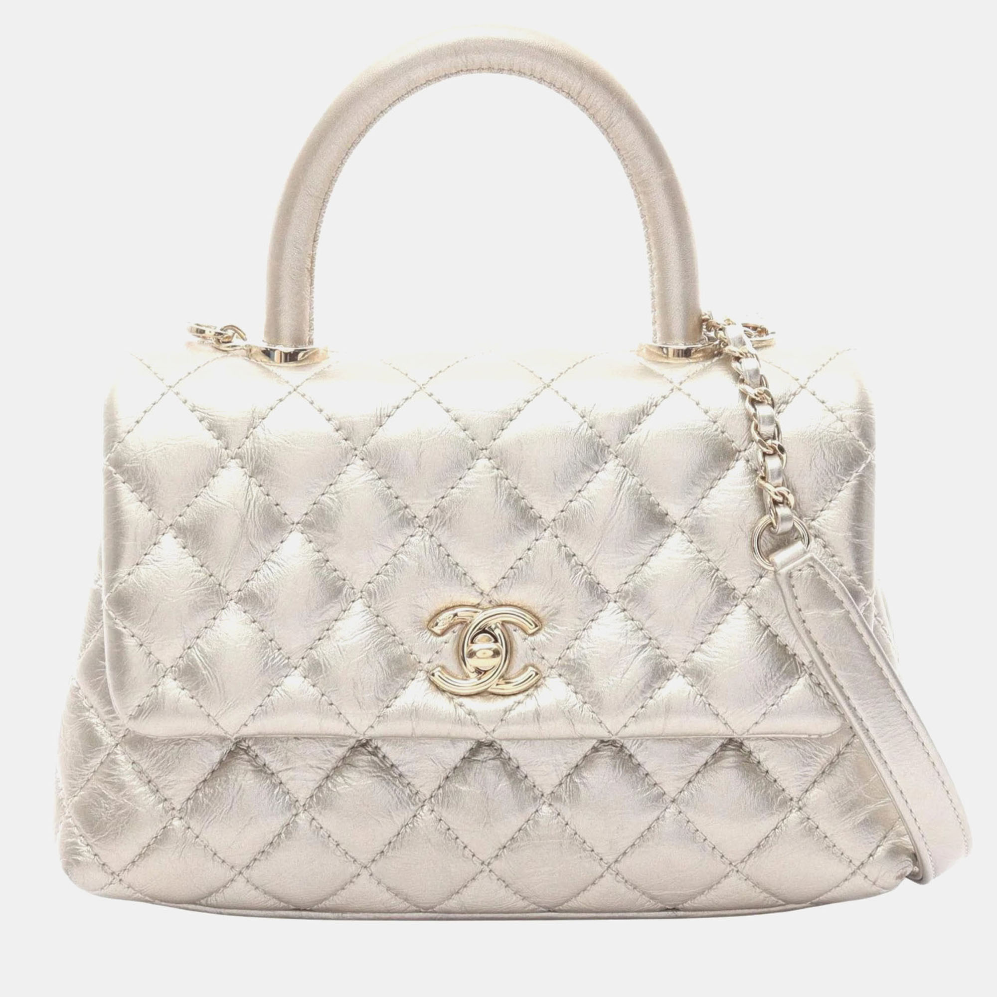 

Chanel Coco Handle Flap Matelasse Handbag Leather Silver