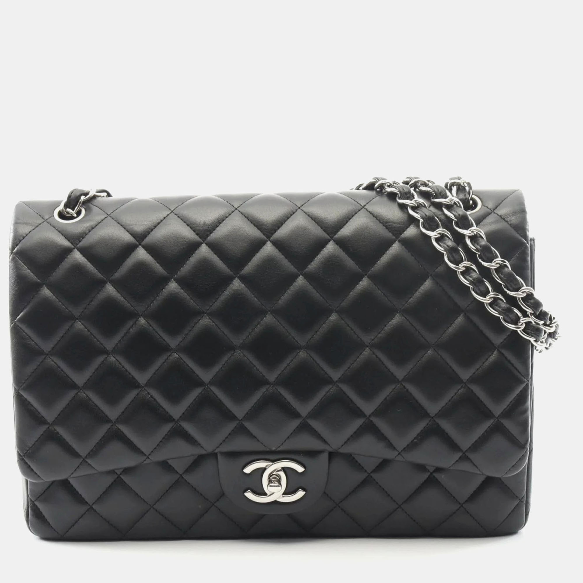 

Chanel Deca Matelasse 34 Double Flap Shoulder Bag In Lambskin Leather Black