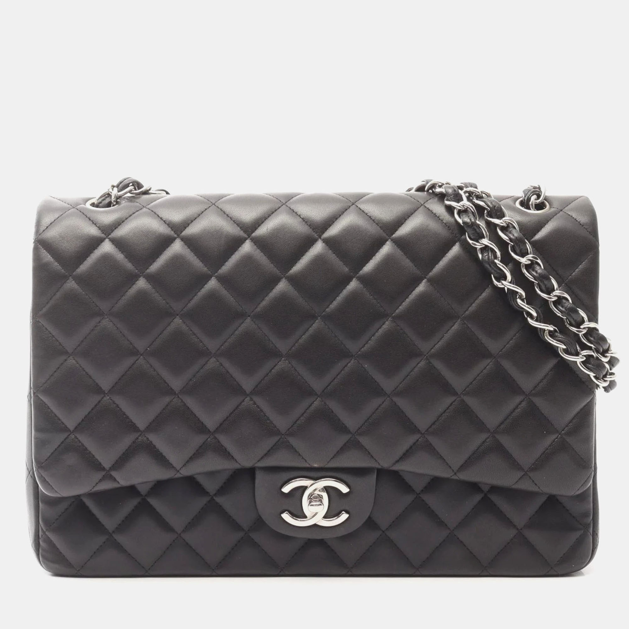 

Chanel Matelasse 34 Classic Maxi Double Flap Shoulder Bag In Lambskin Leather Black