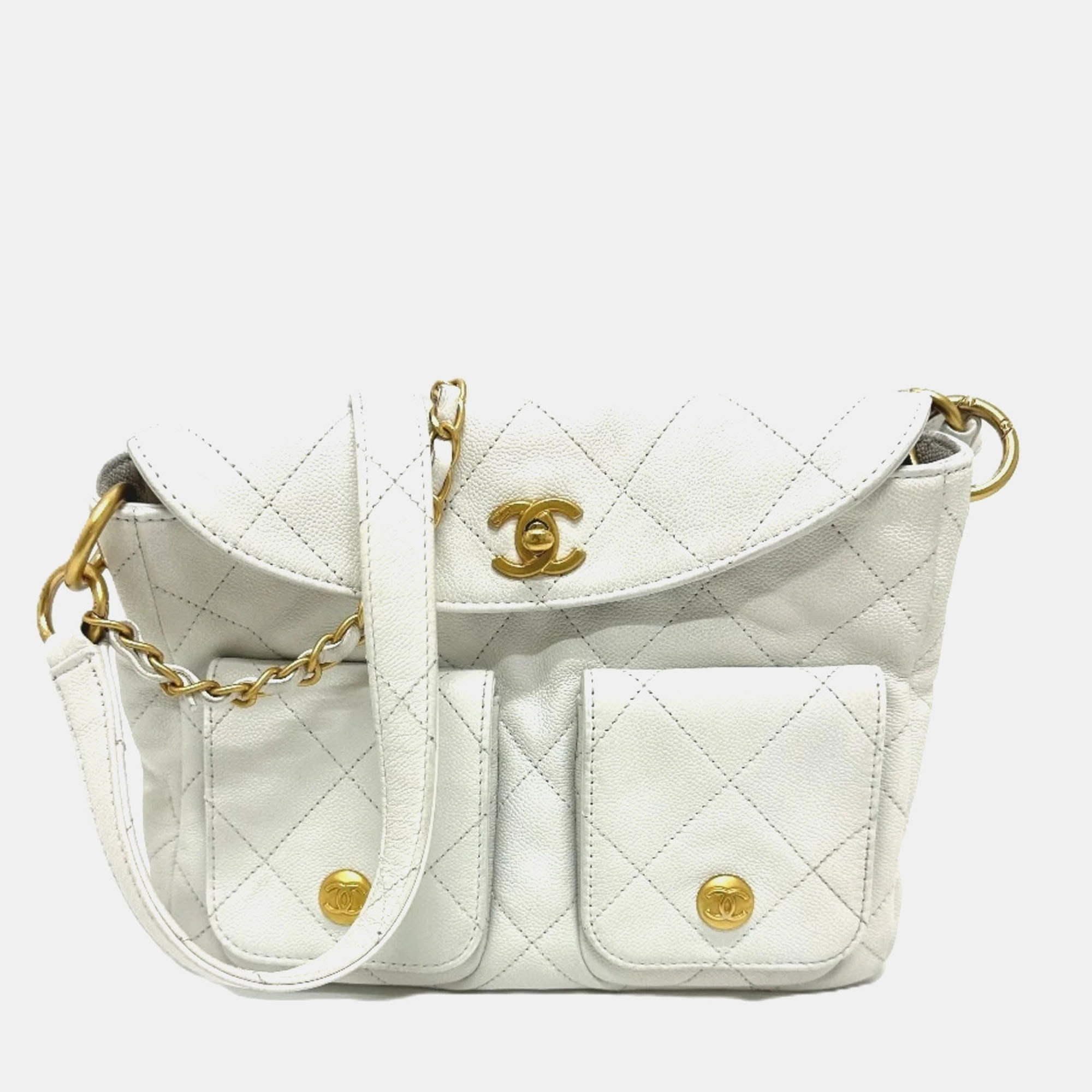 

Chanel Supple Twins White Caviar Leather Hobo Bag