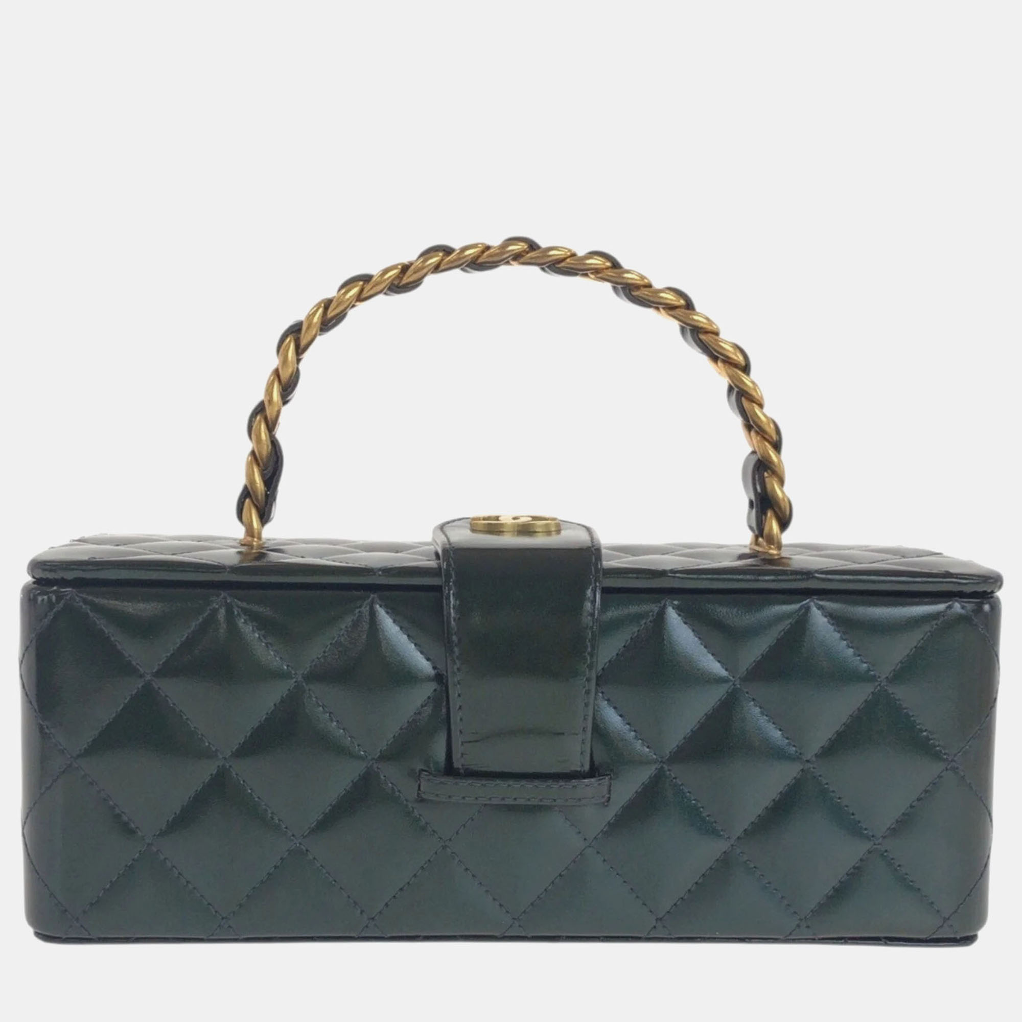 

Chanel Vintage Matelasse Dark Green Metallic Enamel Handbag Vanity Bag