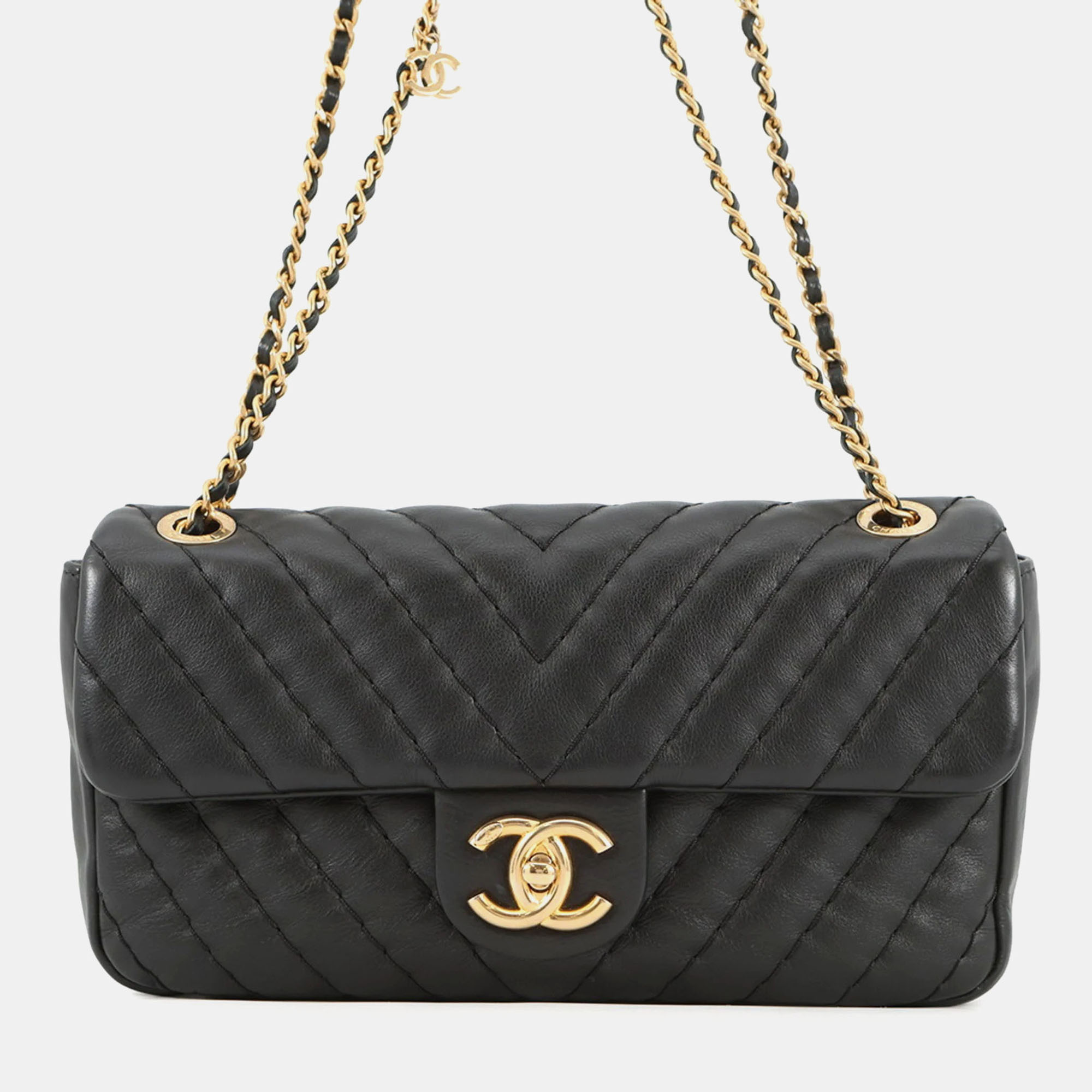 

Chanel Chain Shoulder Bag With Coco Mark And Chevron Lambskin, Black
