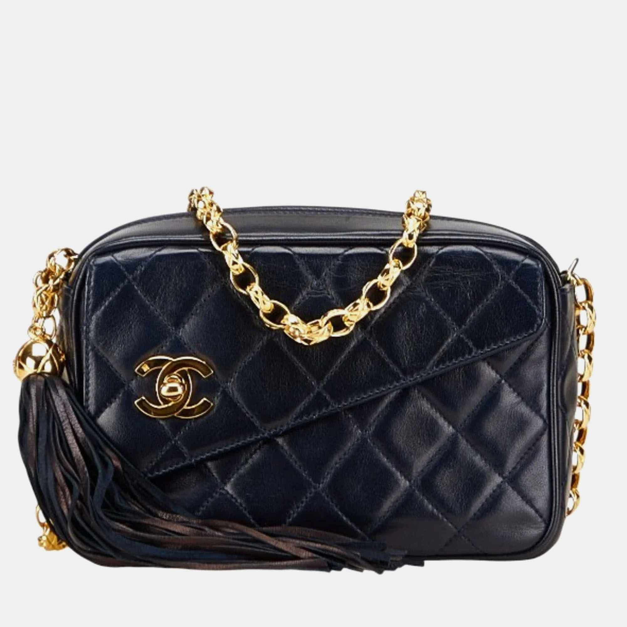 

Chanel Matelasse Coco Mark Fringe Chain Shoulder Bag Navy Lambskin, Navy blue