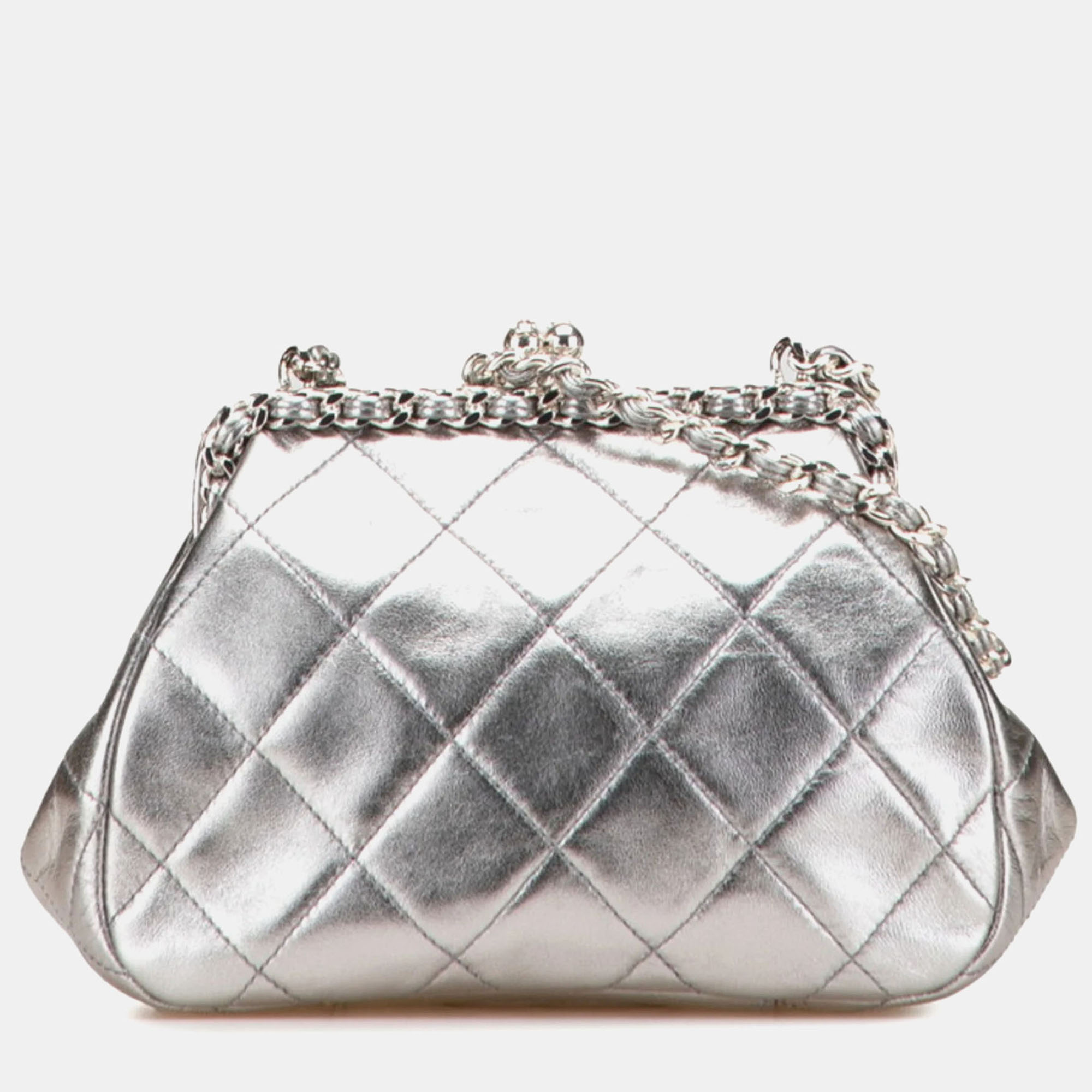

Chanel Vintage Chain Kisslock Frame Lambskin Leather Shoulder Bag, Silver