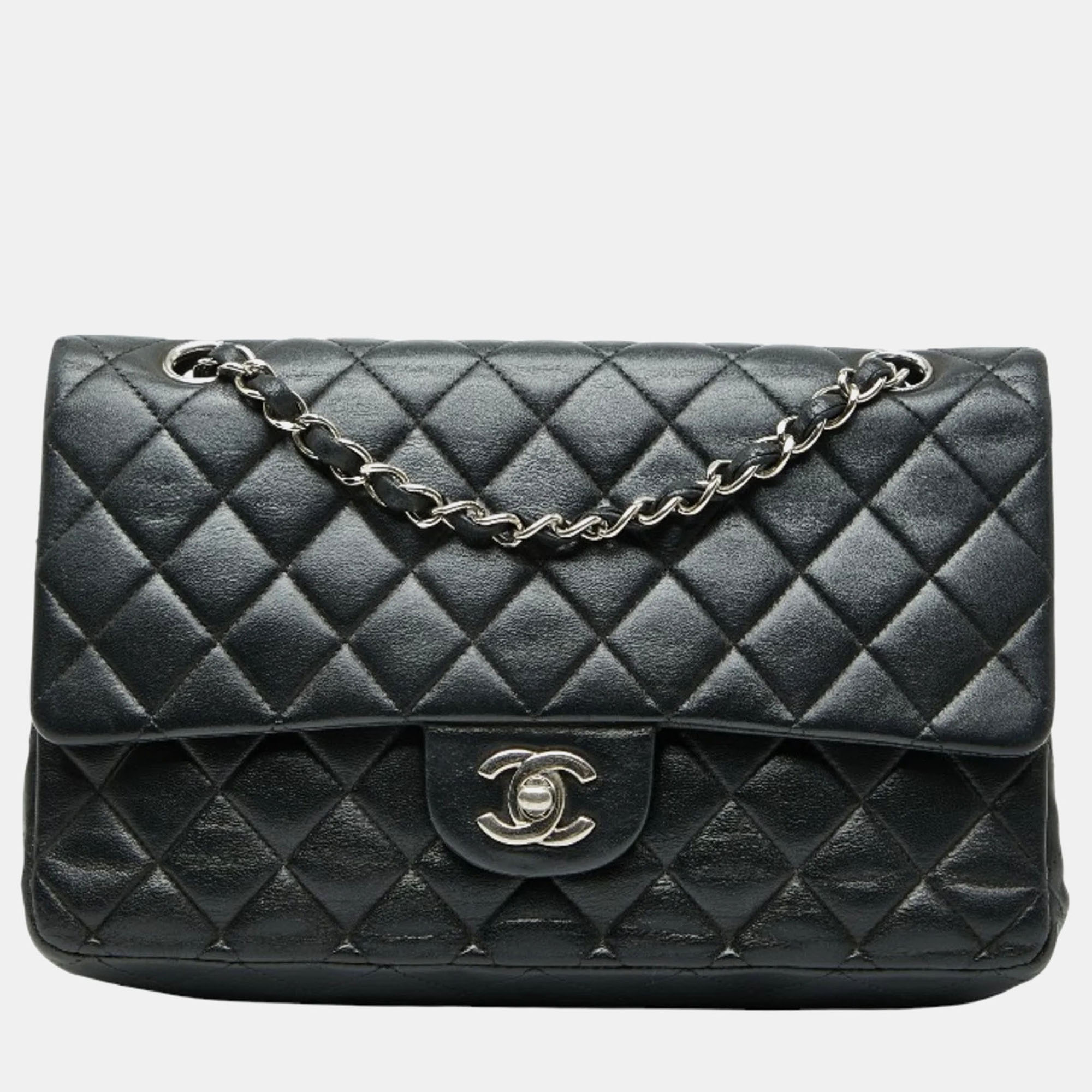 

Chanel Matelasse 25 Coco Mark Double Flap Chain Shoulder Bag In Black Lambskin