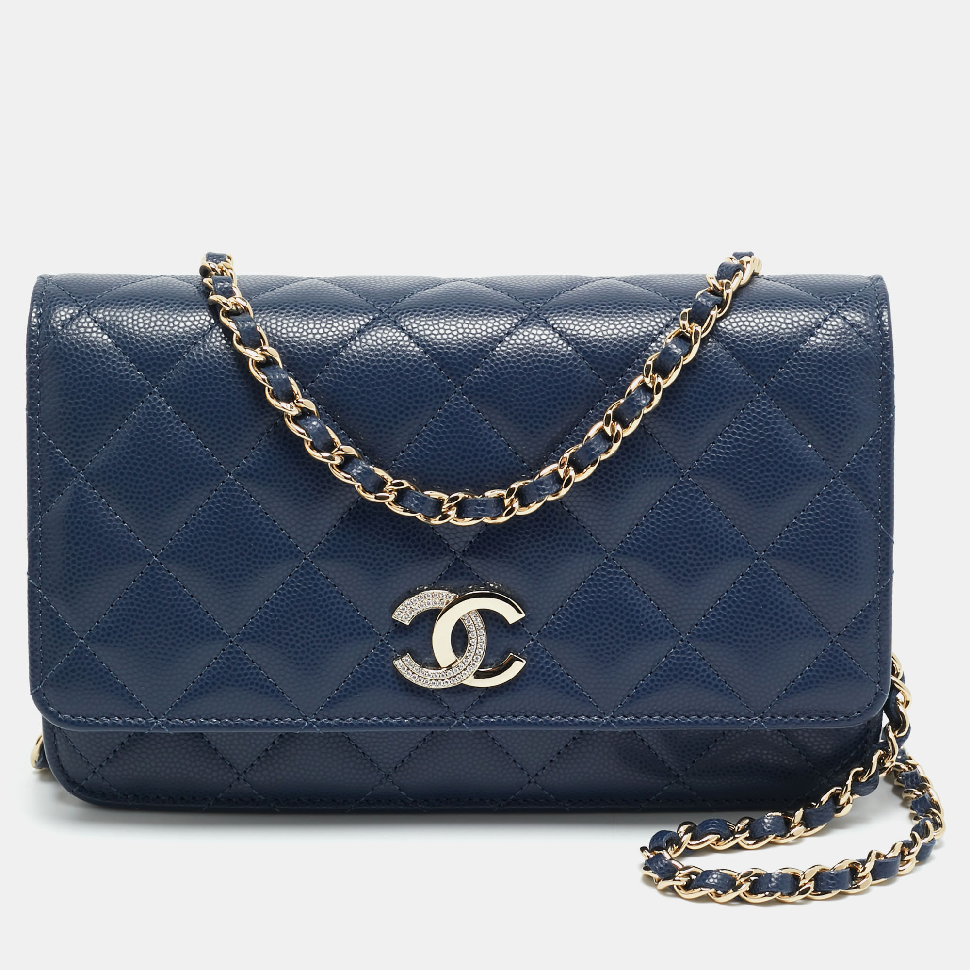

Chanel CC Crystal Blue Quilted Caviar Leather Wallet On Chain