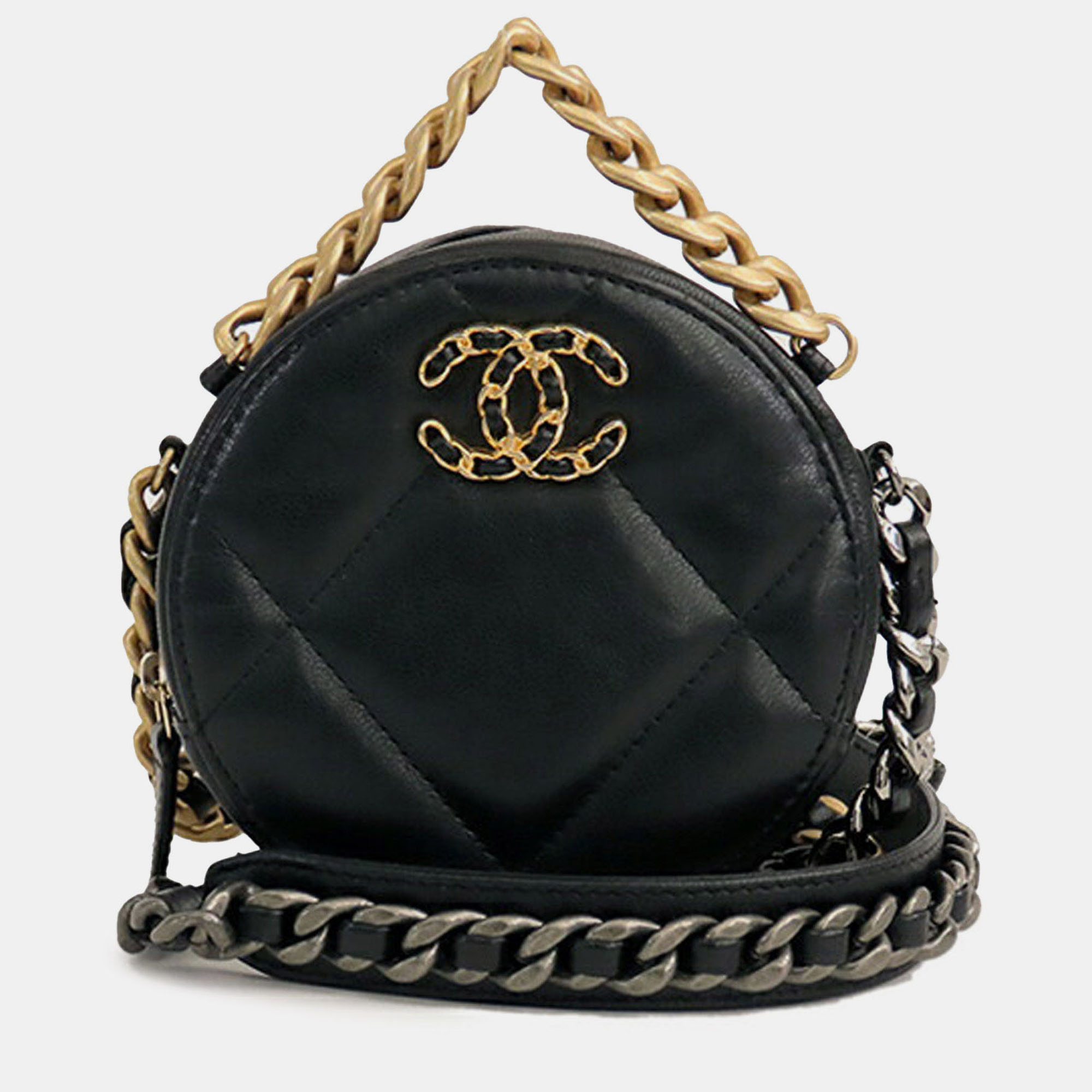 

Chanel Black Quilted Lambskin 19 Round Clutch with Strap
