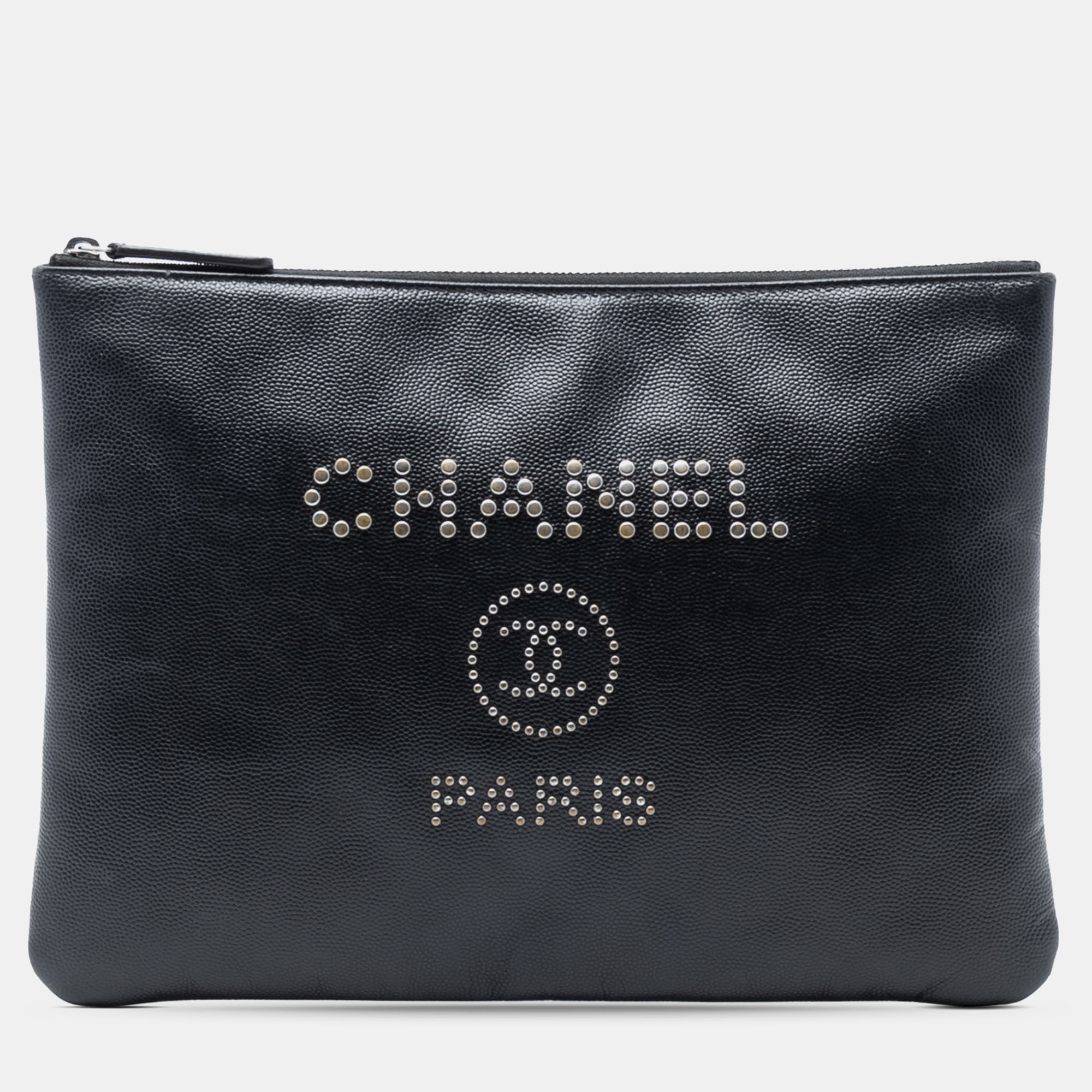 

Chanel Black Medium Caviar Deauville Studded O Case Clutch