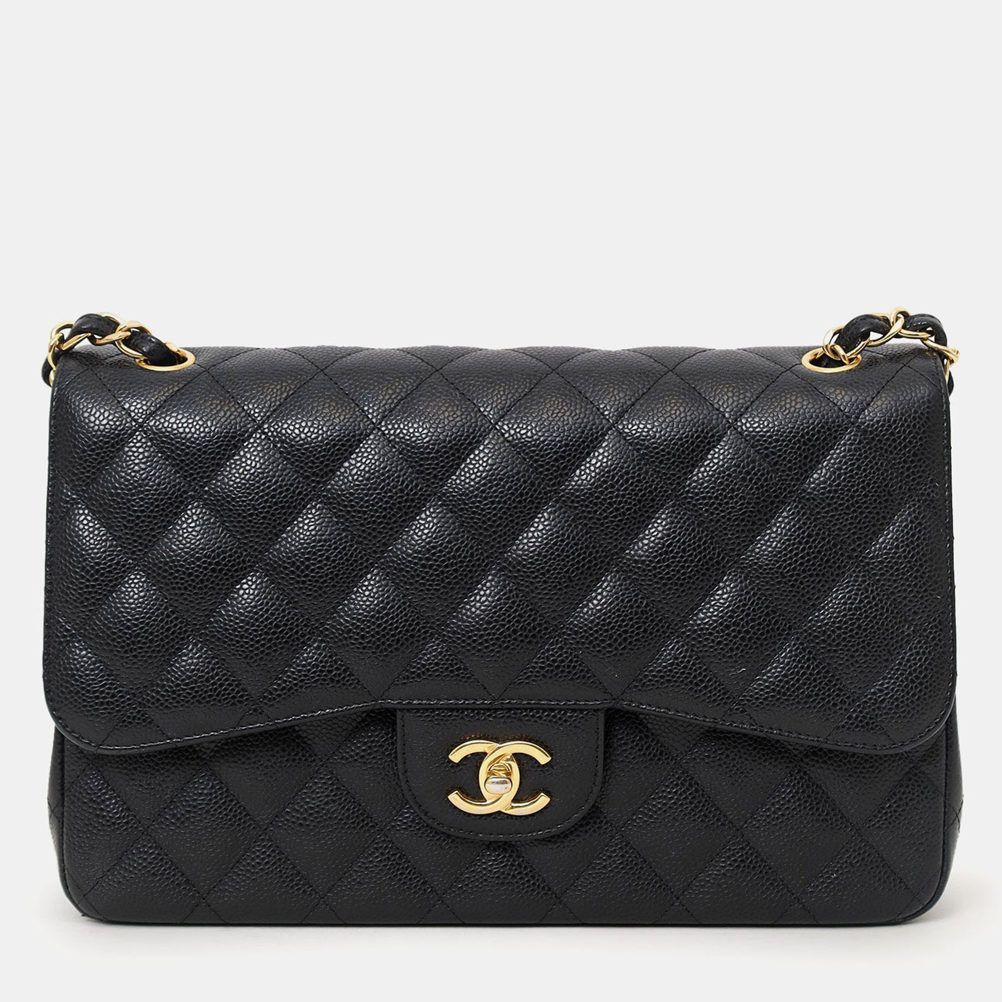 

Chanel 2019 Black Caviar Leather Jumbo Double Flap Should Bag