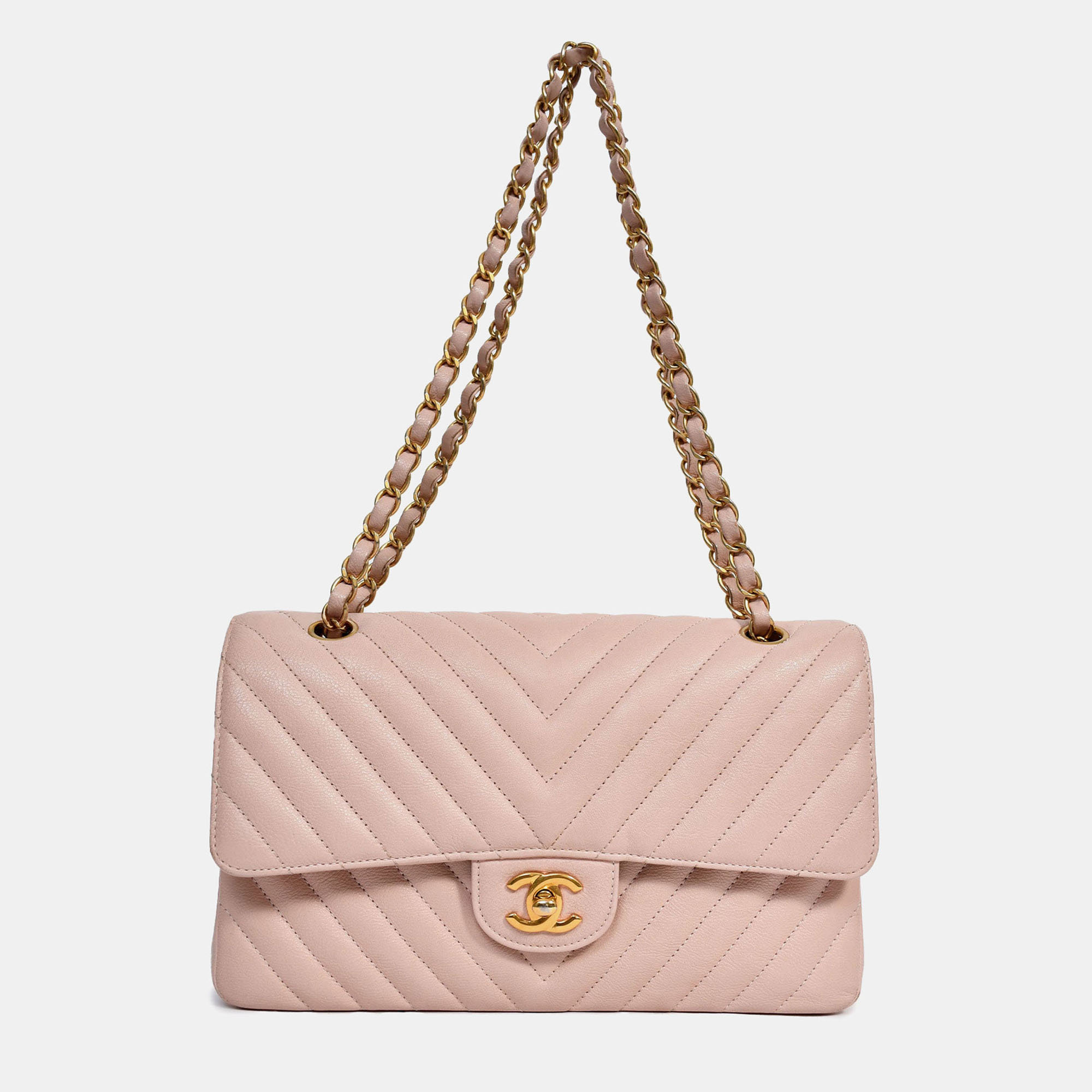 

Chanel 2016-17 Pink Calfskin Chevron Medium Double Flap Shoulder Bag