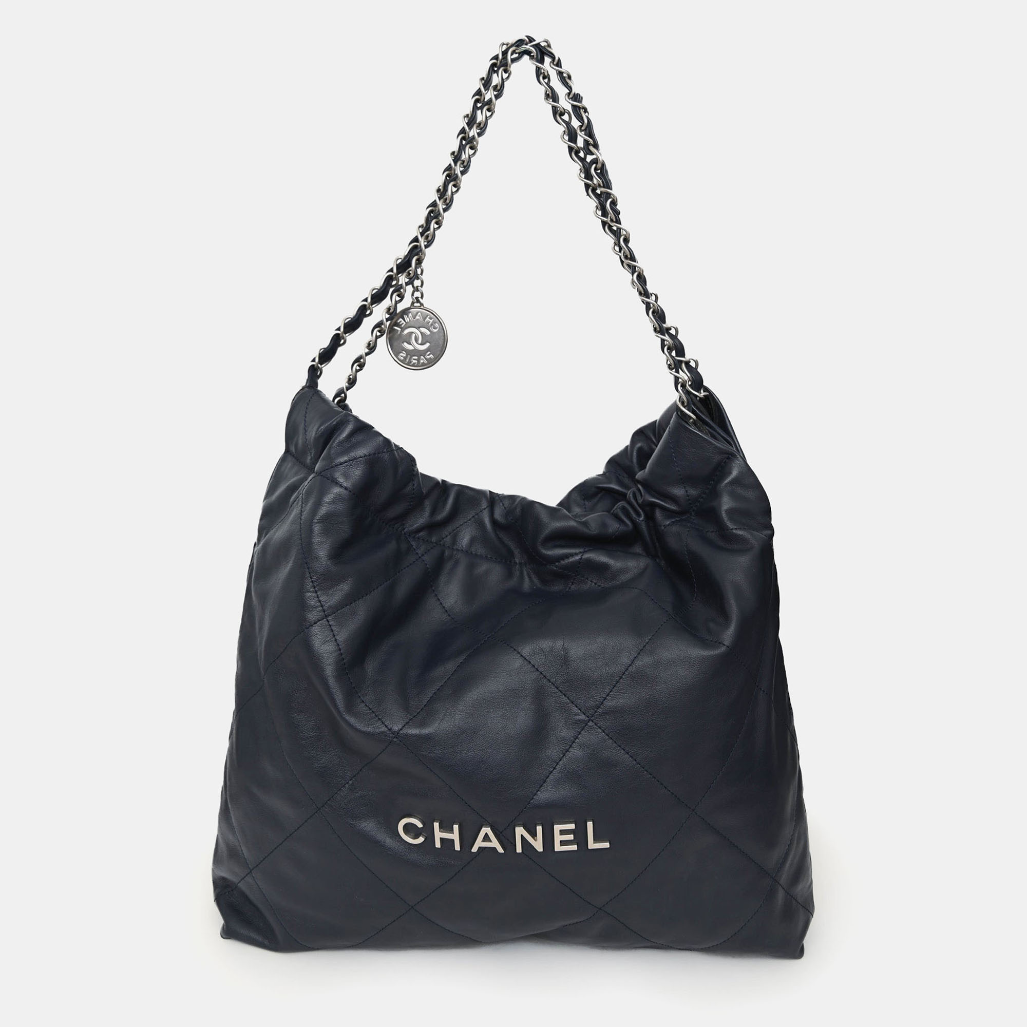 

Chanel Navy Leather 22 Small Tote Silver-Hardware, Navy blue