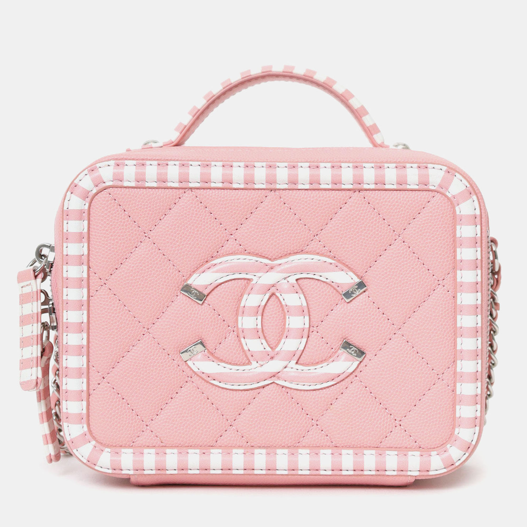 

Chanel 2019 Pink/White Caviar Quilted Striped Small CC Filigree Vanity Case