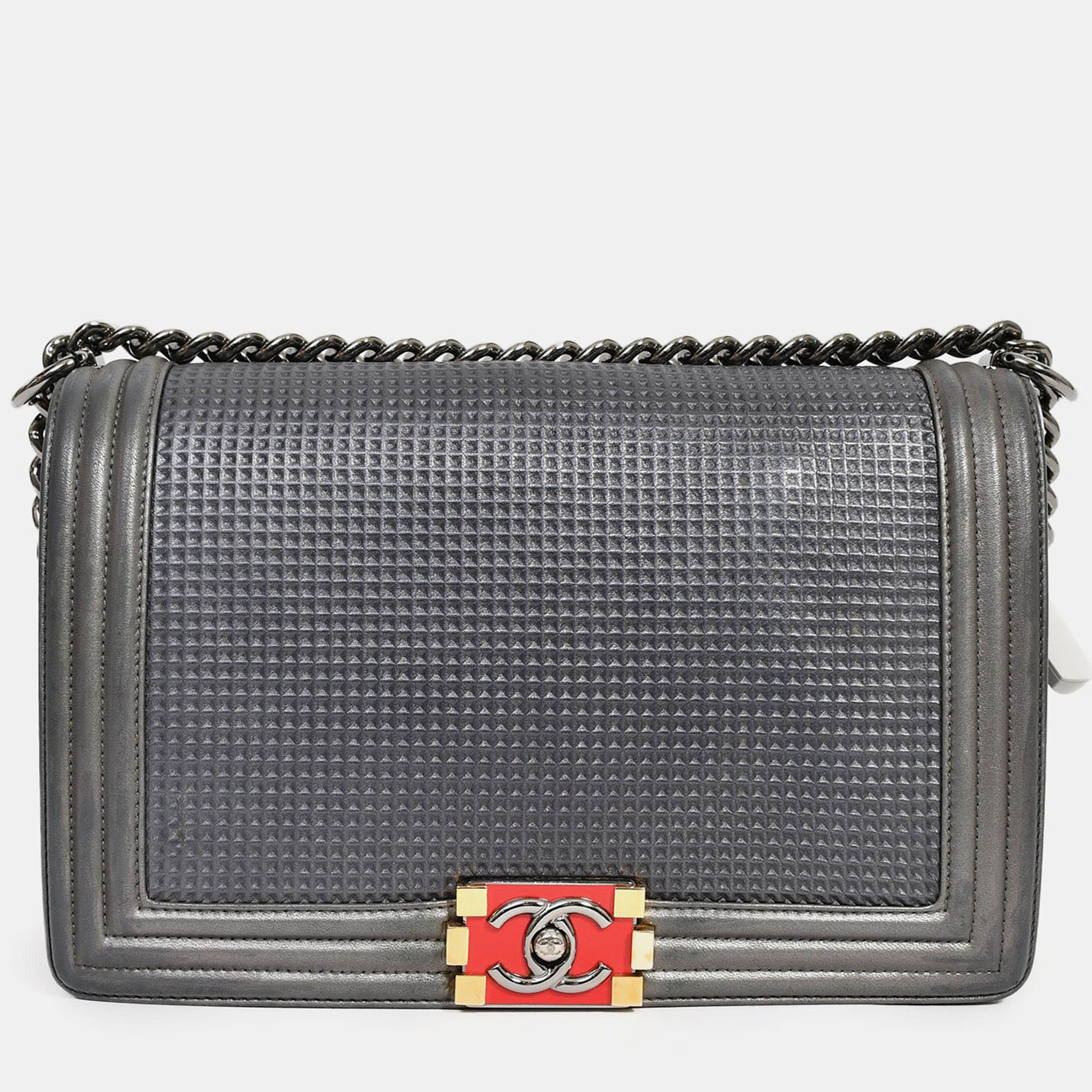 

Chanel Grey Leather Cube Medium Boy Bag (As Is)
