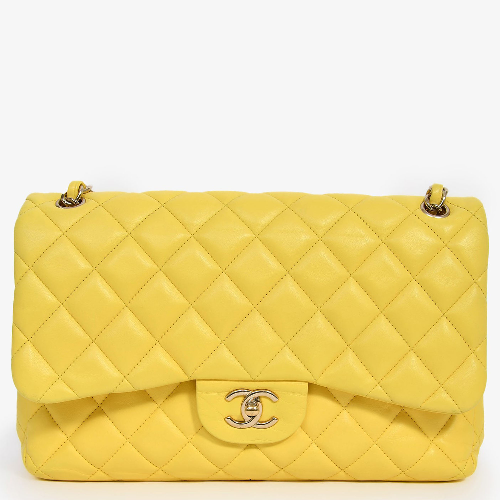 

Chanel 2011-12 Yellow Lambskin Yellow Jumbo Double Flap Shoulder Bag