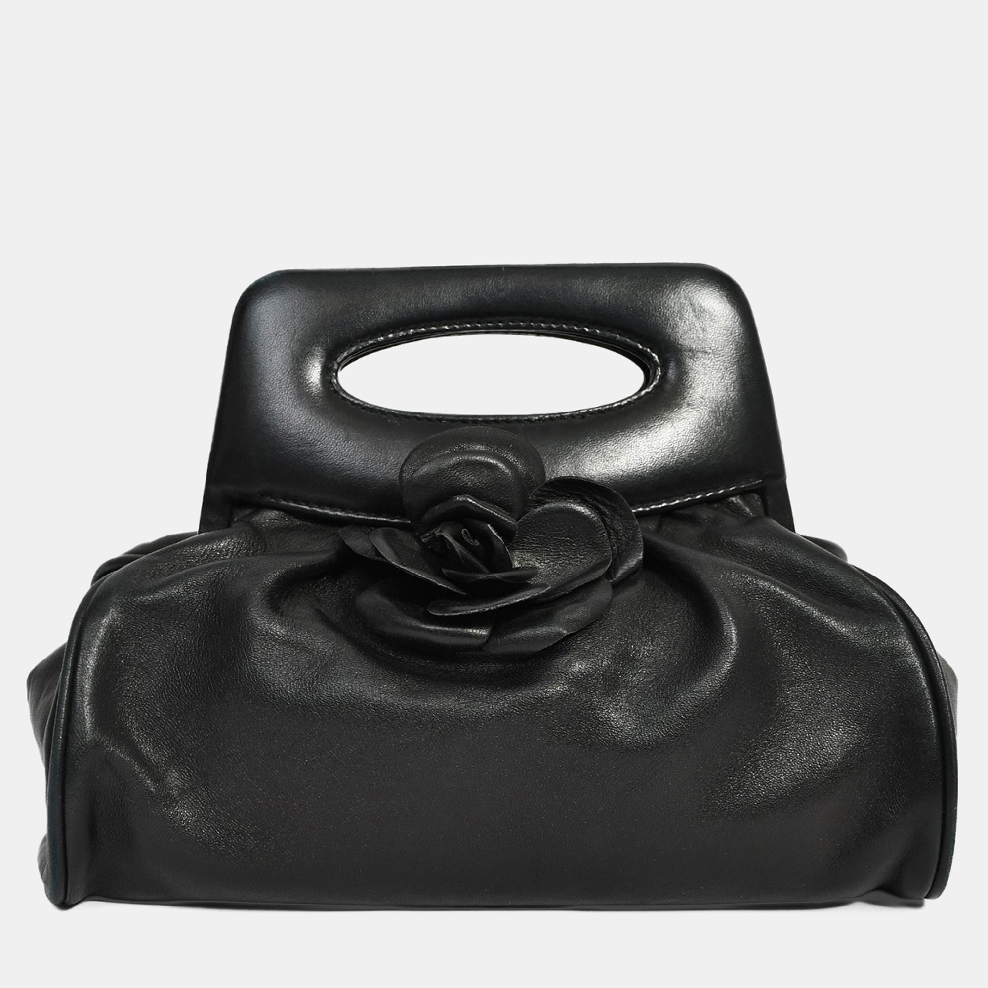 

Chanel Vintage Black Leather Camellia Frame Clutch Bag
