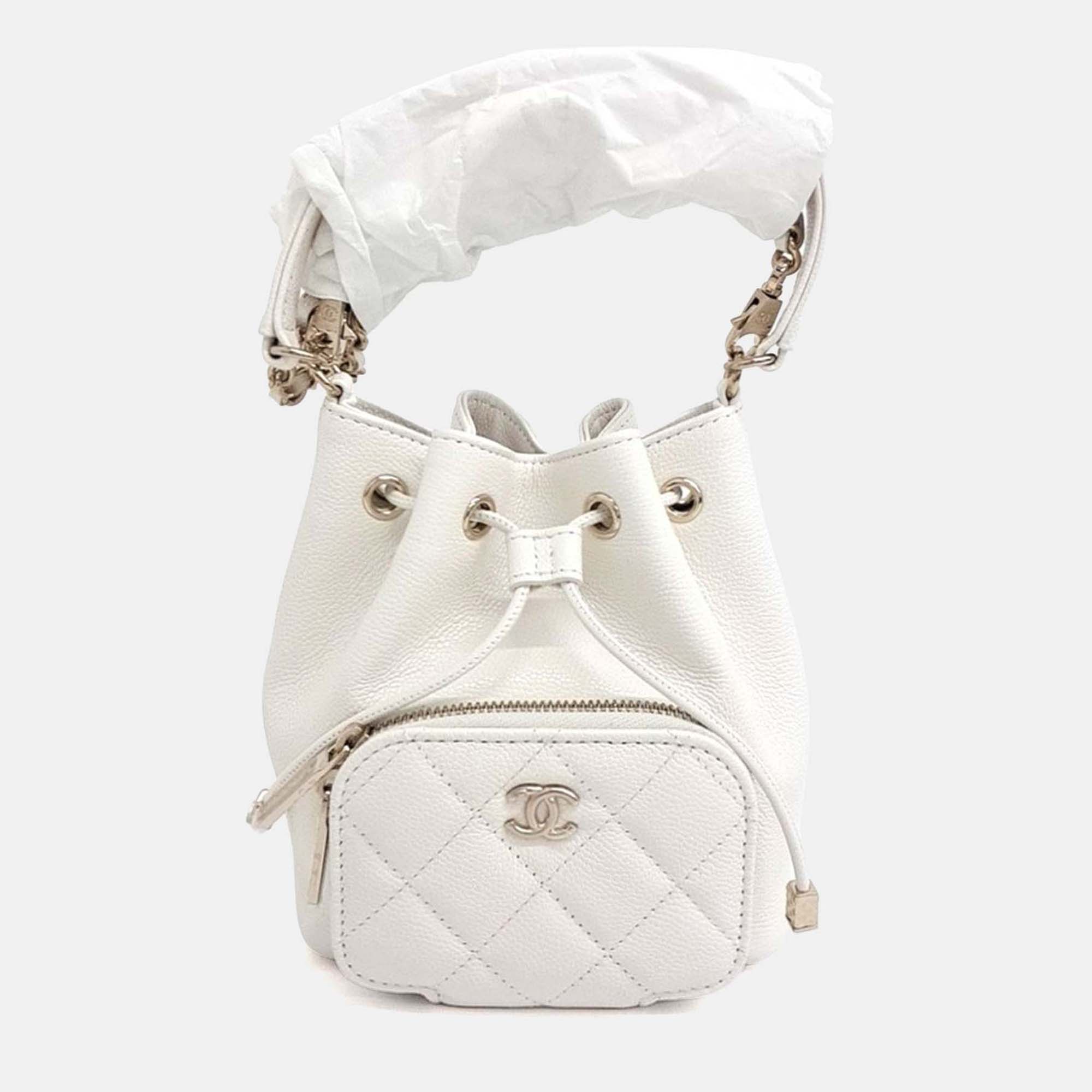 

Chanel White Leather Caviar Business Affinity Mini Chain Bucket Crossbody Bag