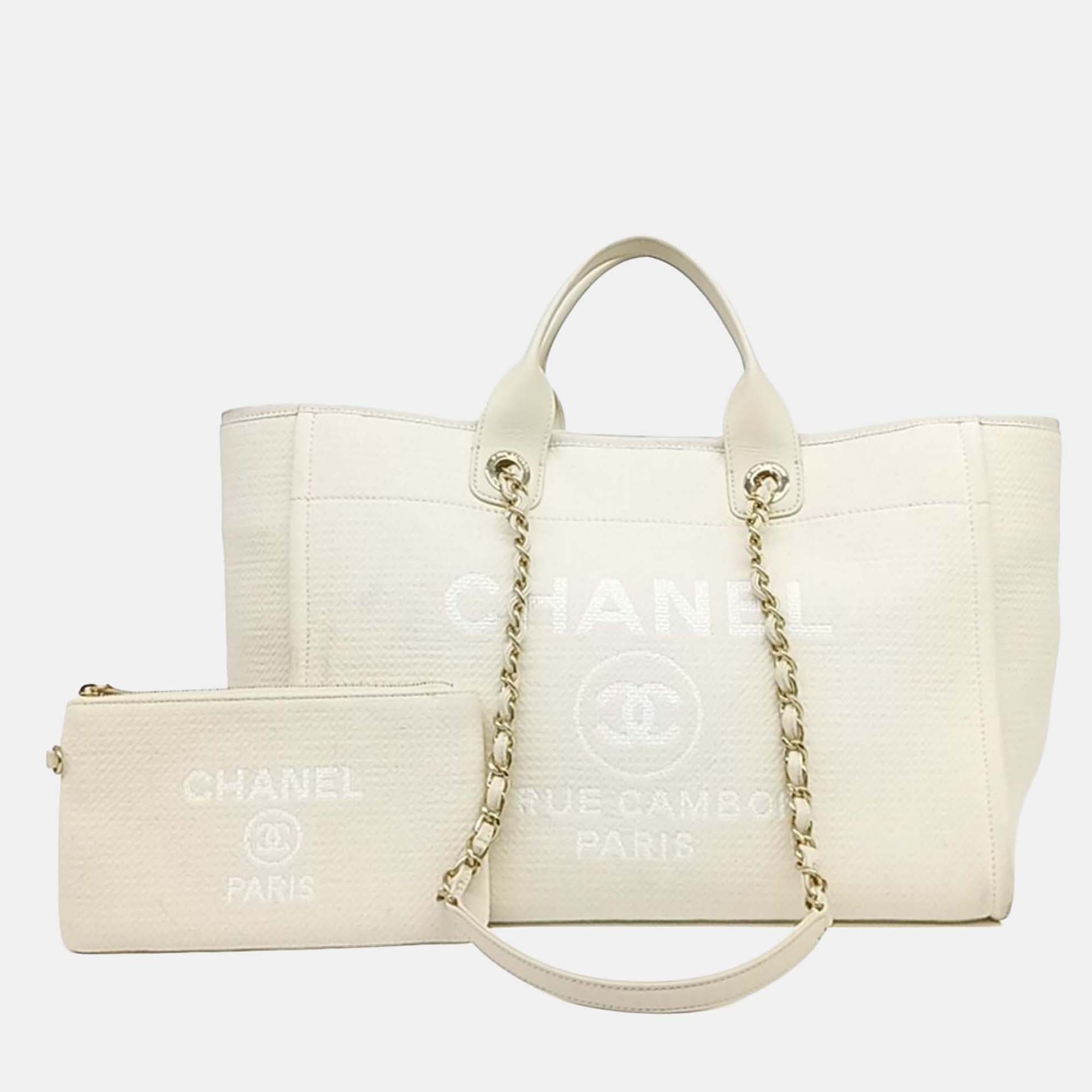 

Chanel Cream Fabric Deauville Tote And Shoulder Bag