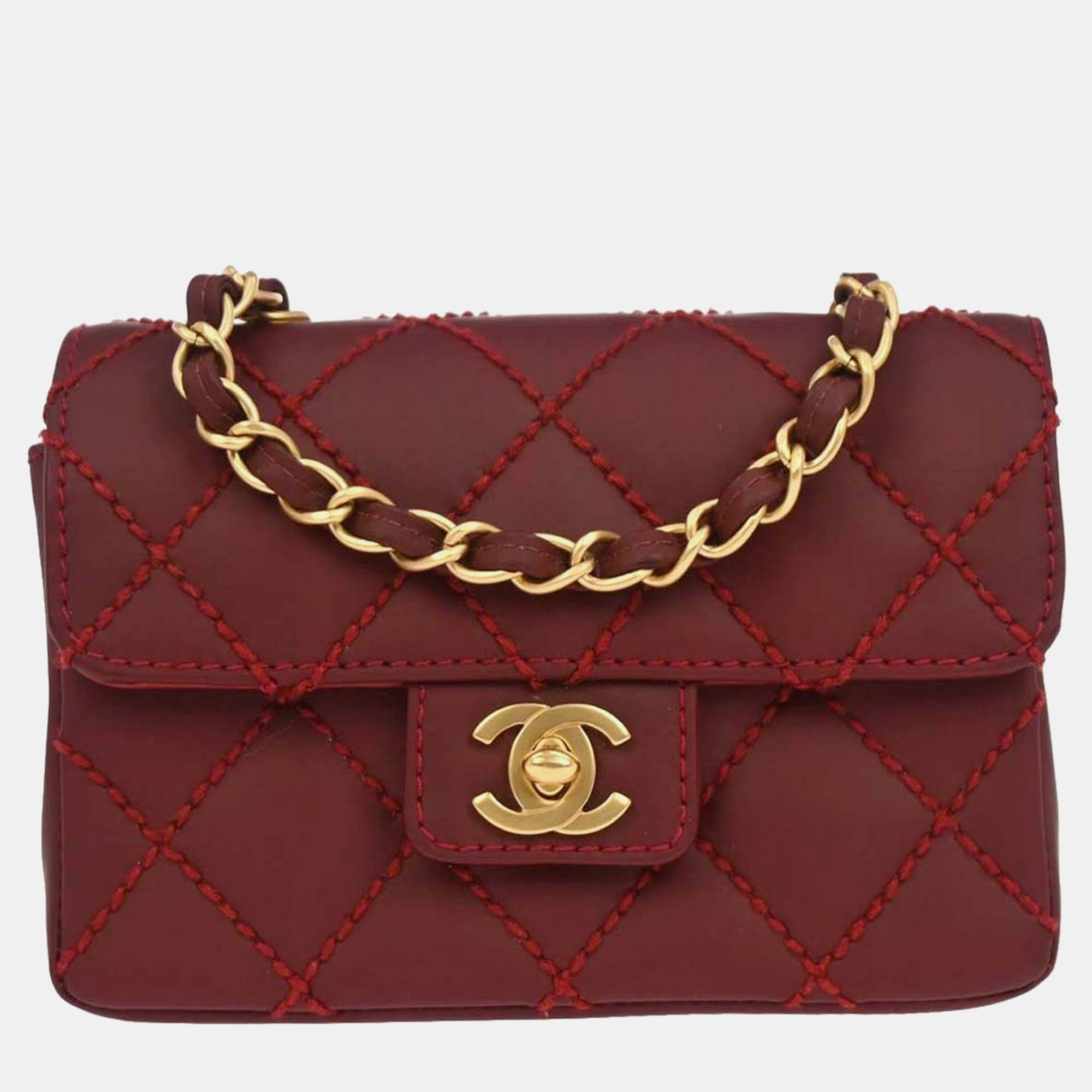 

Chanel Red Calfskin Wild Stitch Mini Classic Square Flap Bag