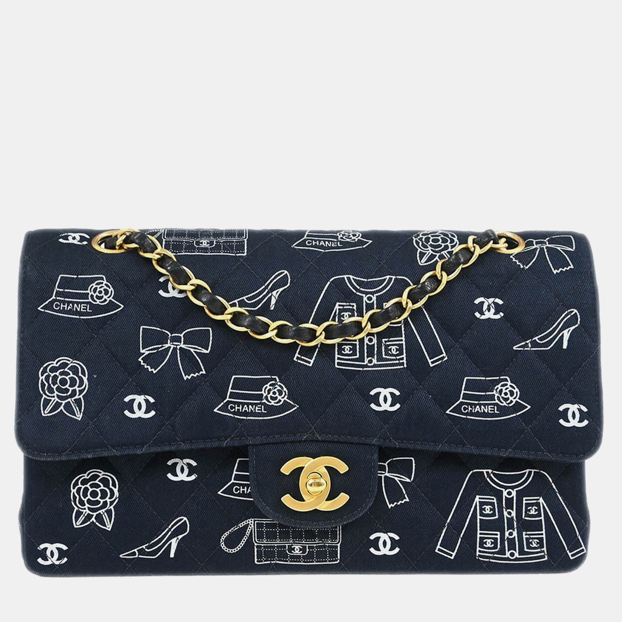 

Chanel Navy Canvas Icon Medium Classic Double Flap Shoulder Bag, Navy blue