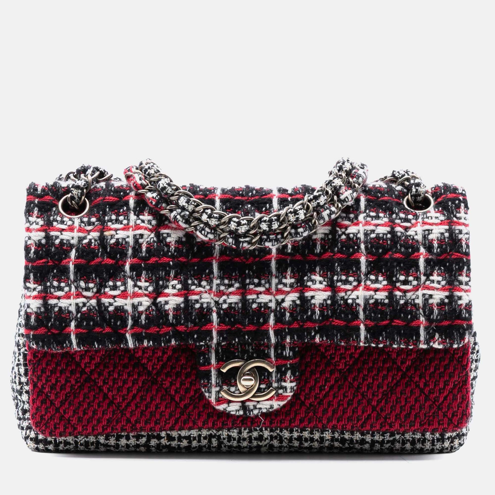

Chanel Black Red Medium CC Tweed Multi Print Double Flap