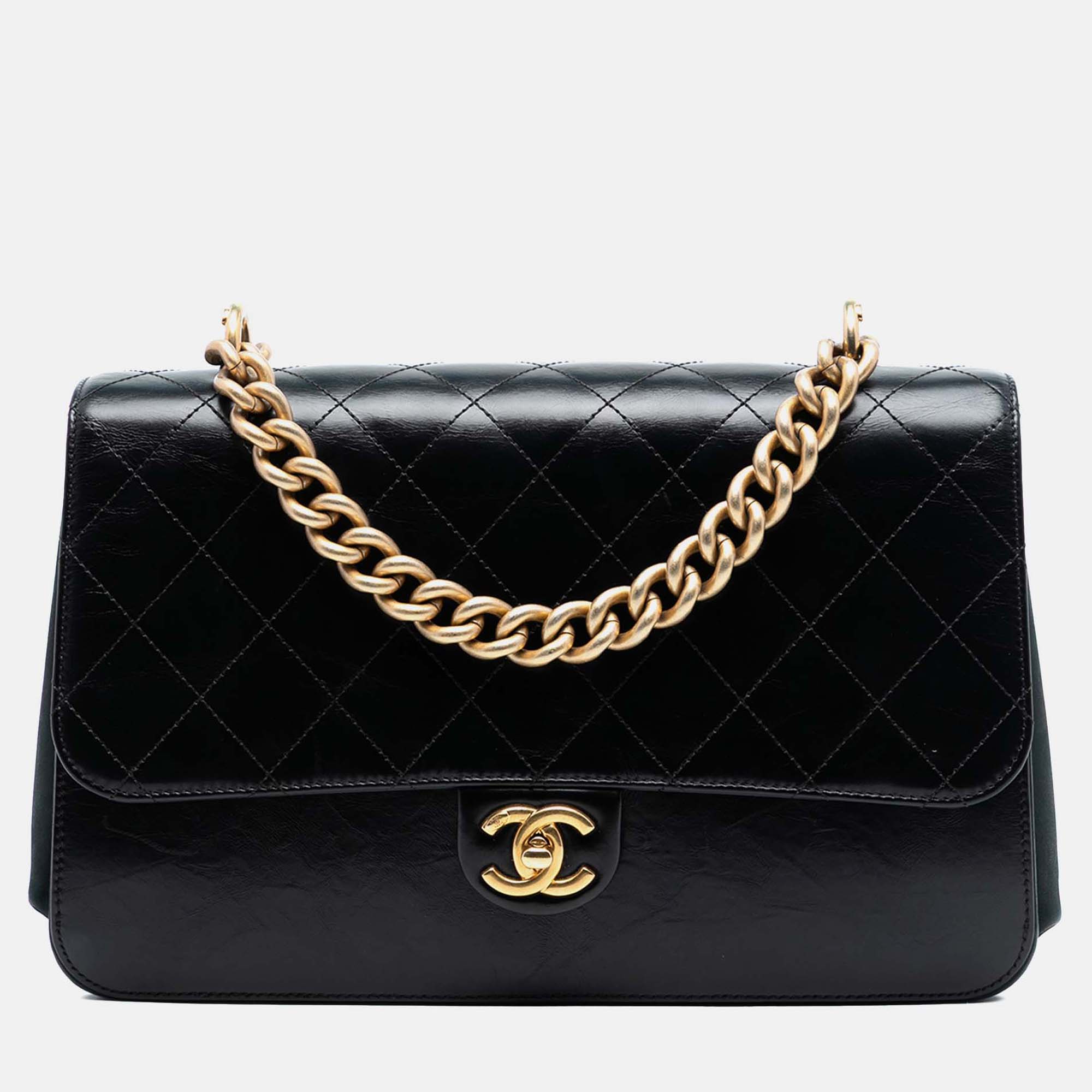 

Chanel Black Paris Cosmopolite Aged Calfskin Straight Lined Flap