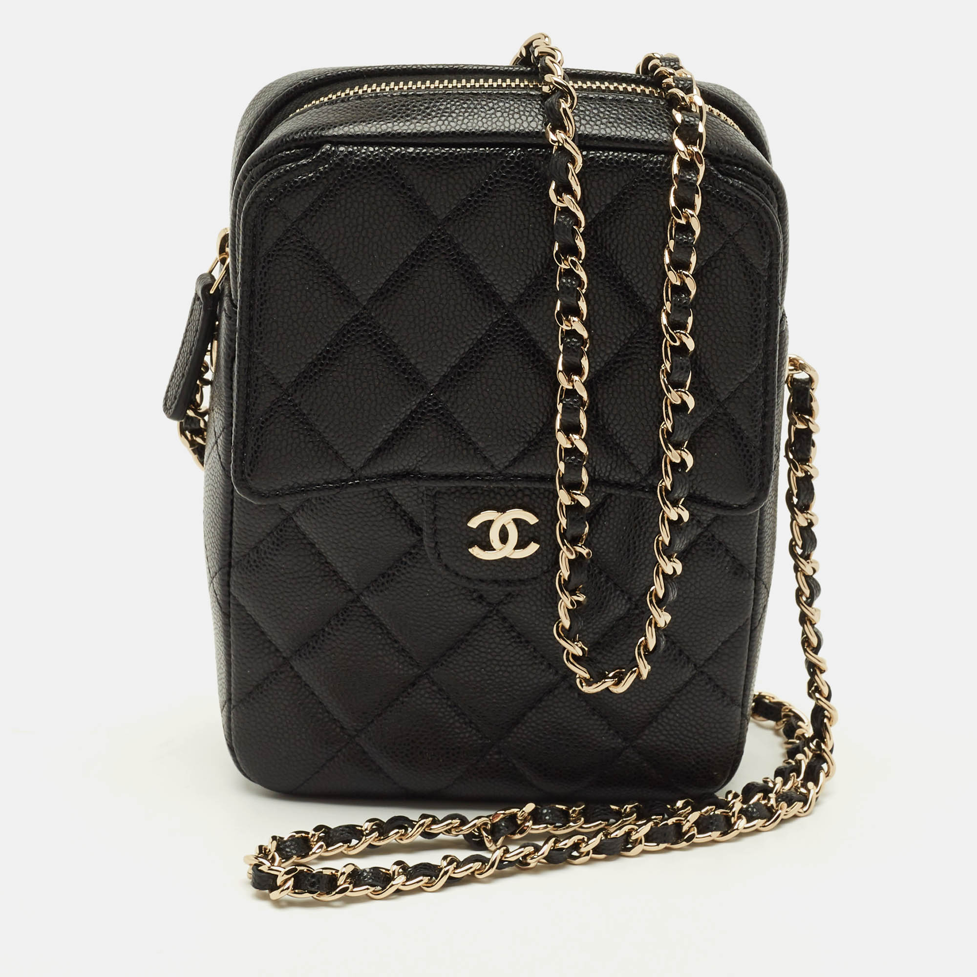 

Chanel Black Quilted Caviar Leather Phone Holder Crossbody Bag