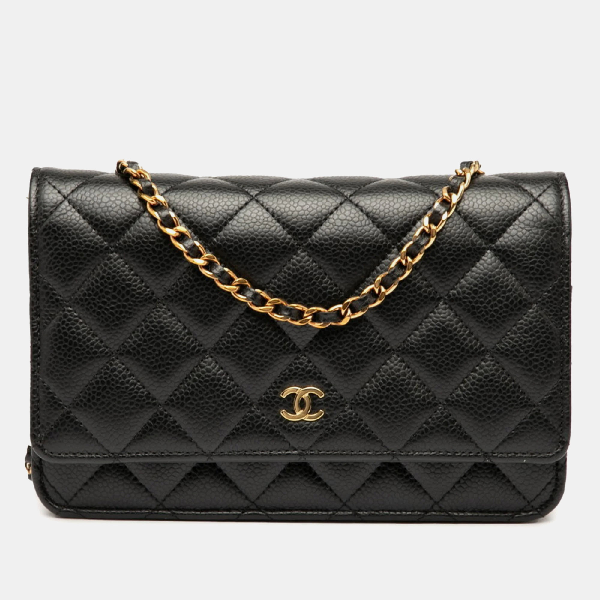 

Chanel Matelasse Coco Mark Chain Wallet Shoulder Bag In Black Caviar Skin