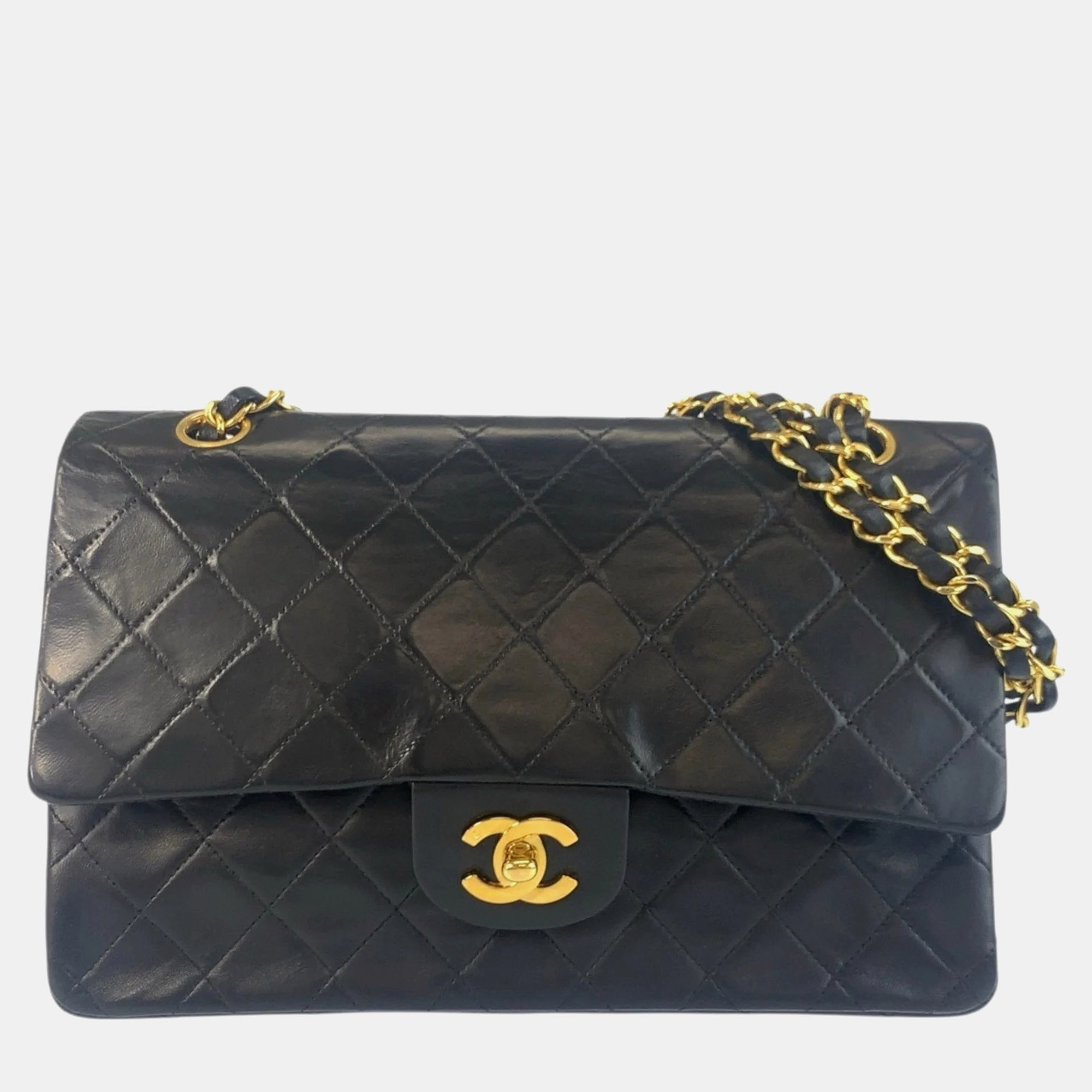 

Chanel Matelasse Double Flap Coco Mark Turn Lock Black Leather Chain Shoulder Bag